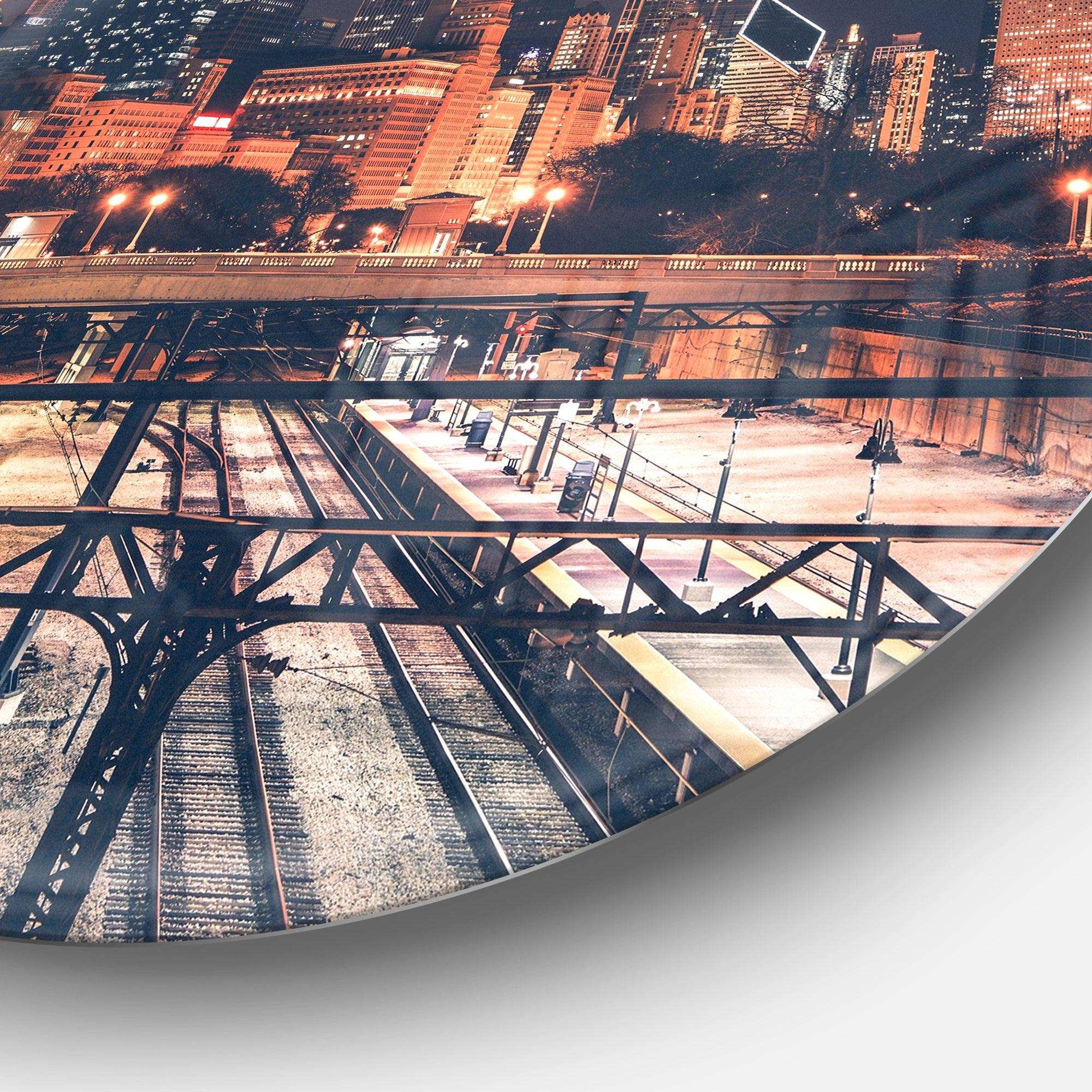 Dark Chicago Skyline and Railroad - Architecture Circle Metal Wall Decor