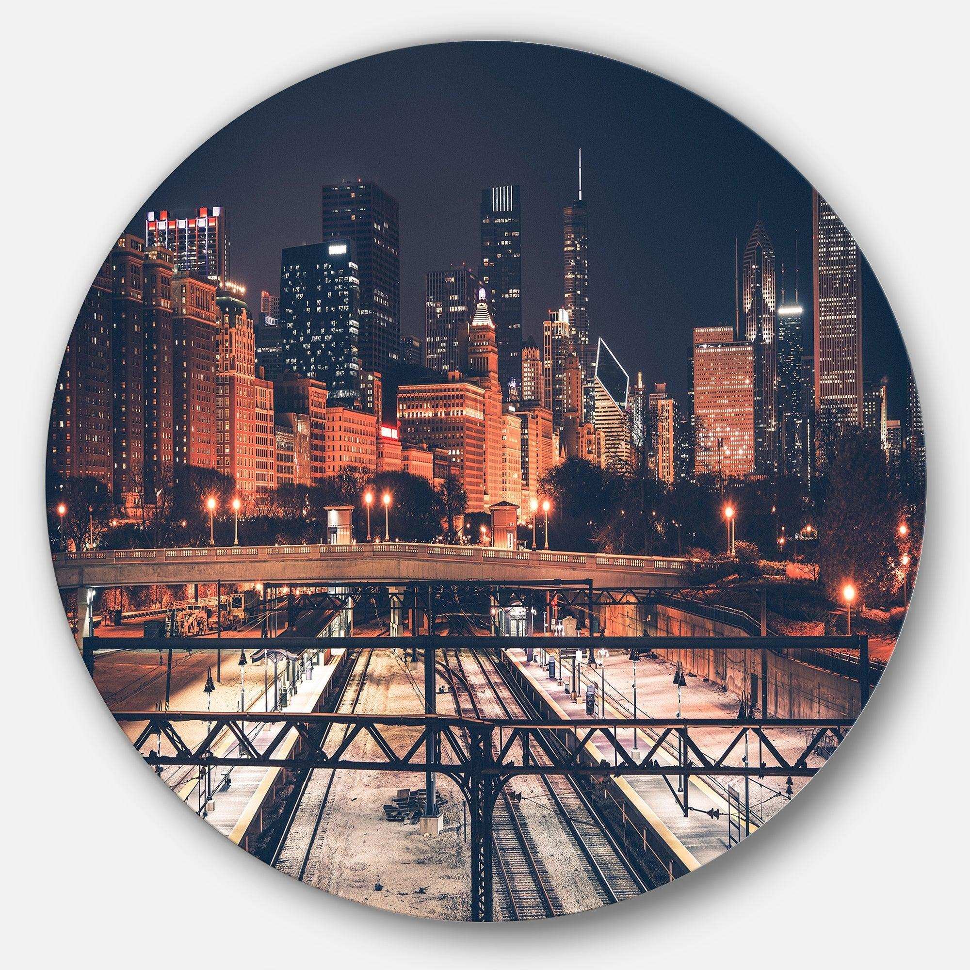 Dark Chicago Skyline and Railroad - Architecture Circle Metal Wall Decor