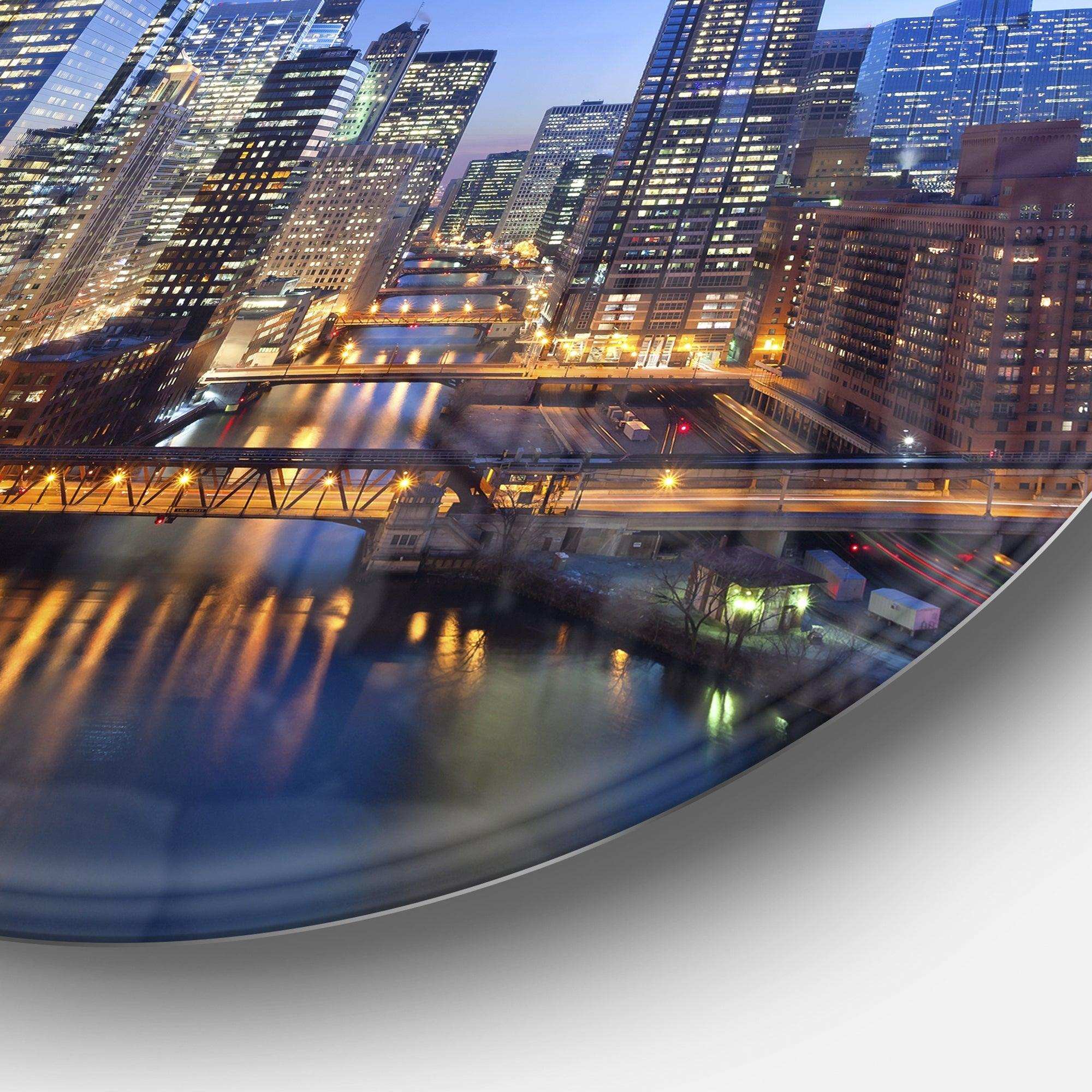 Chicago River with Bridges at Sunset - Architecture Metal Circle Wall Art