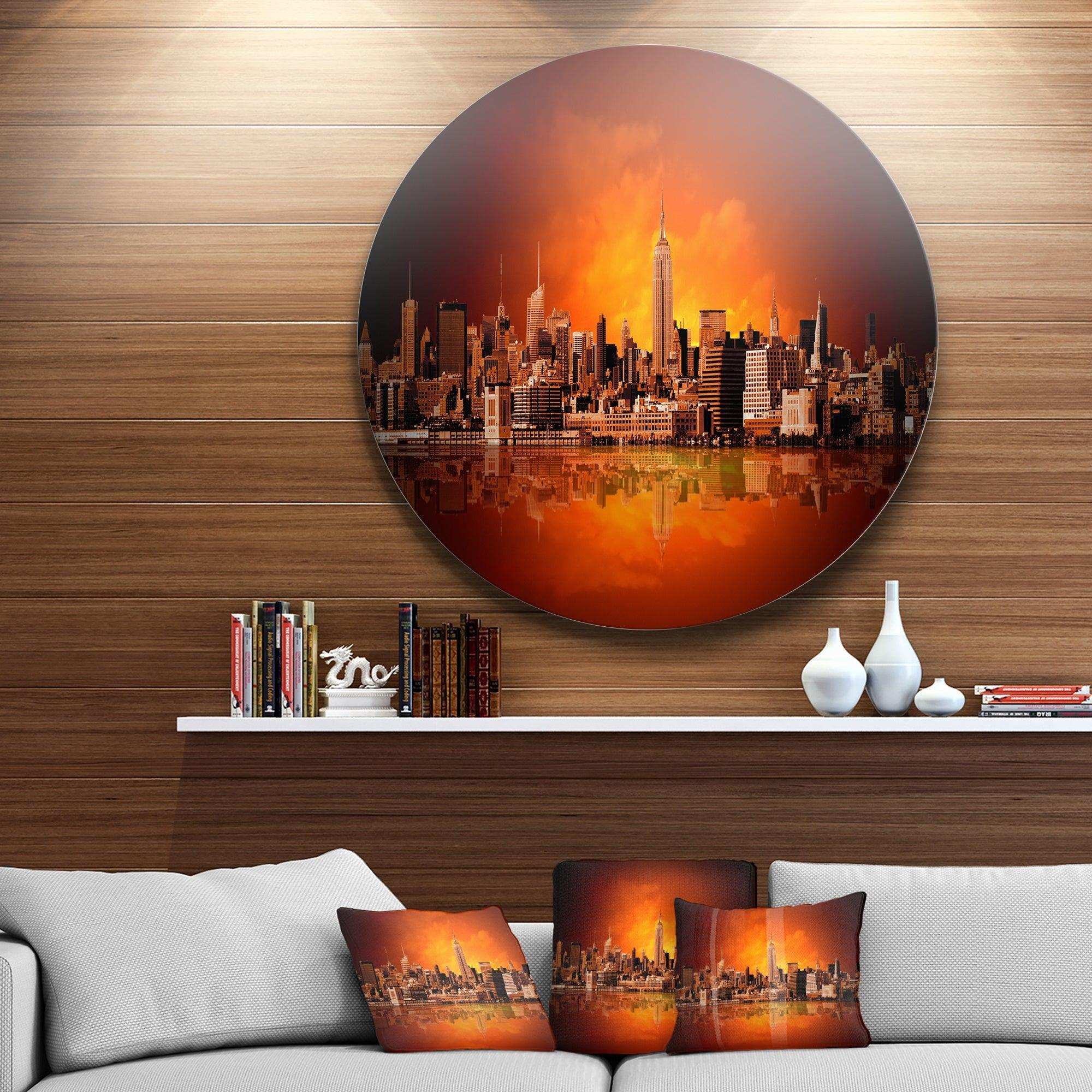 New York City Panorama in Red Light - Architecture Round Metal Wall Art