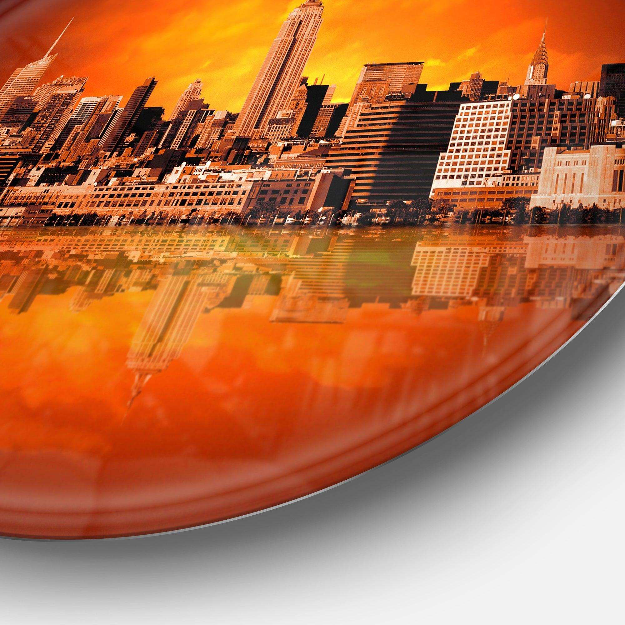 New York City Panorama in Red Light - Architecture Round Metal Wall Art