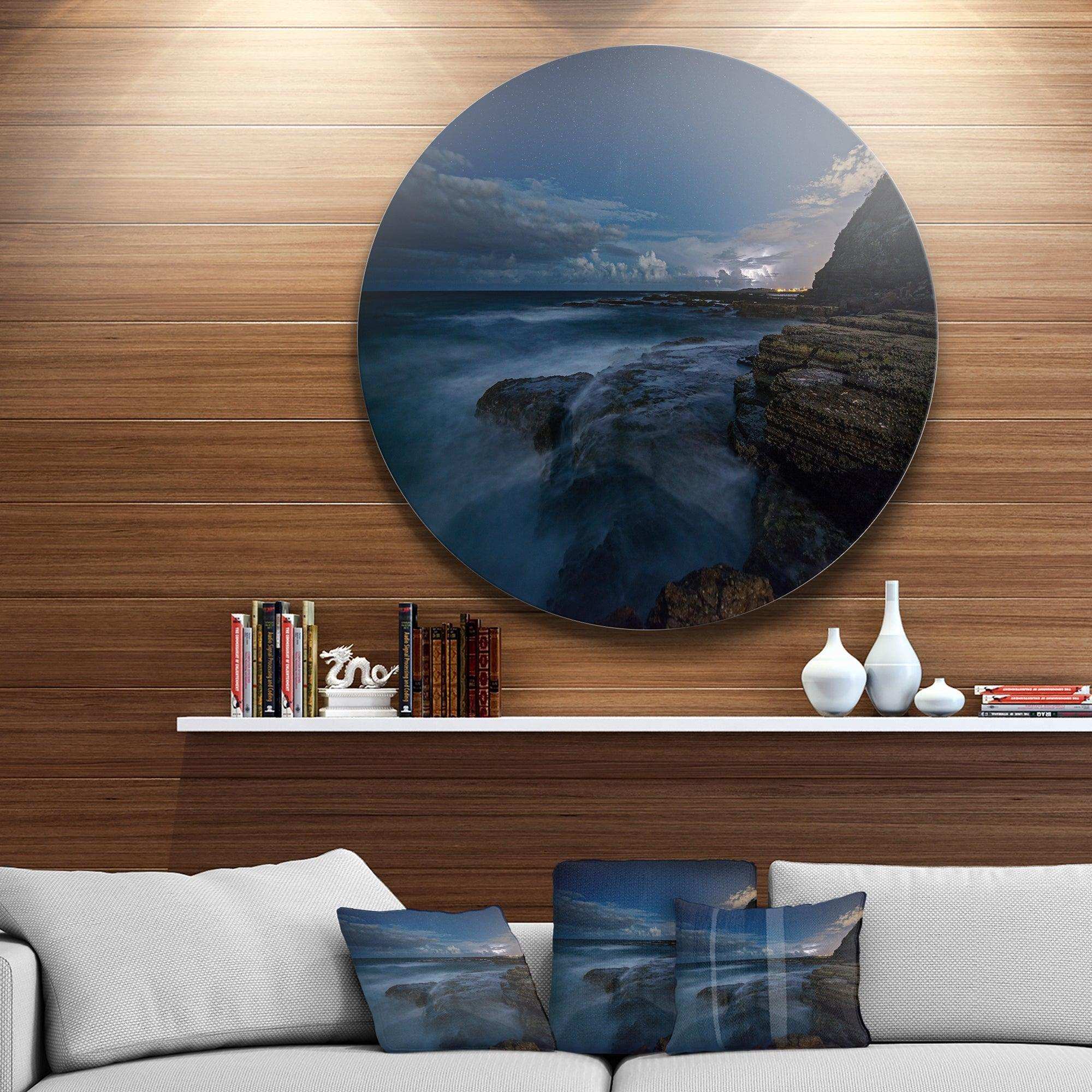 Rocky Blue Ocean at Nighttime - Sea & Shore Metal Circle Wall Art