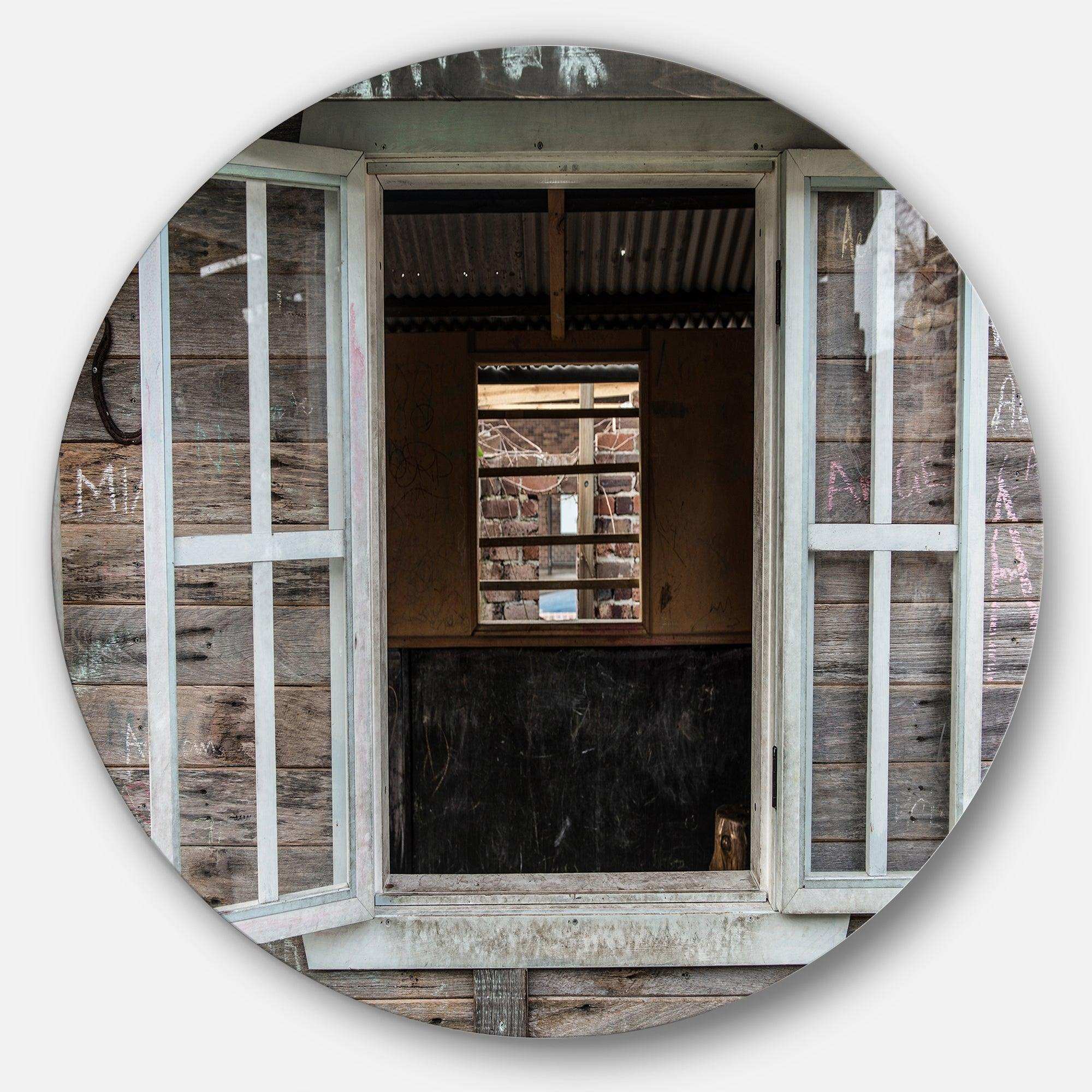 Wooden Walls and Windows - Landscape Round Metal Wall Art