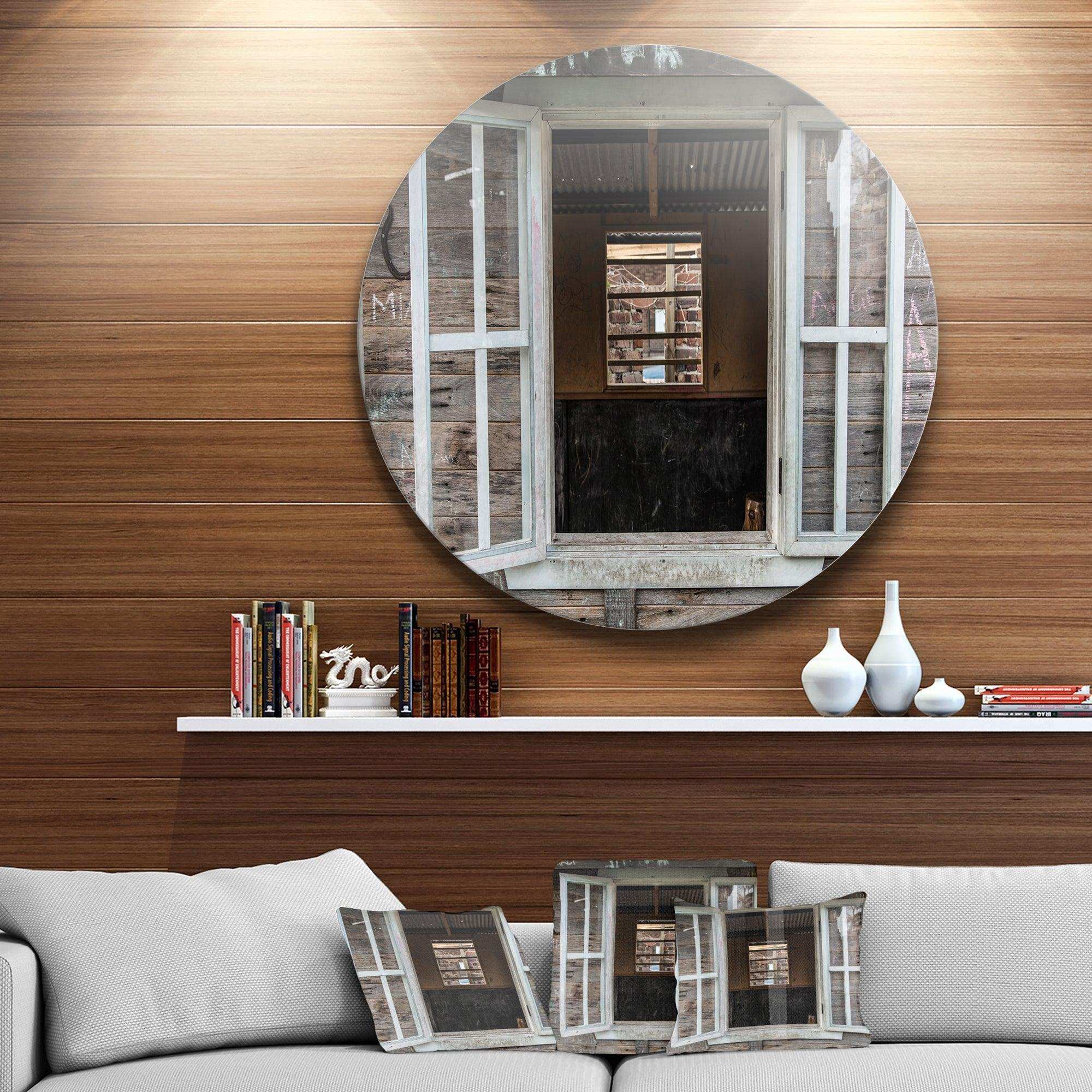 Wooden Walls and Windows - Landscape Round Metal Wall Art
