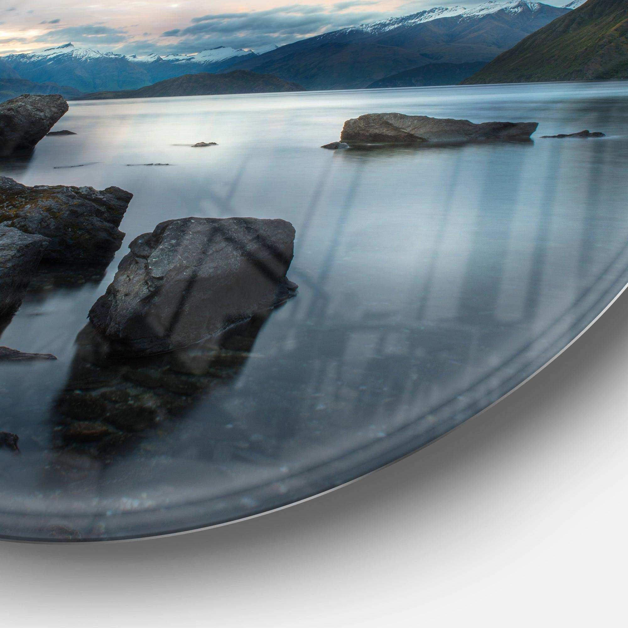 Large Rocks and Distant Cloudy Mountains - Landscape Circle Metal Wall Decor