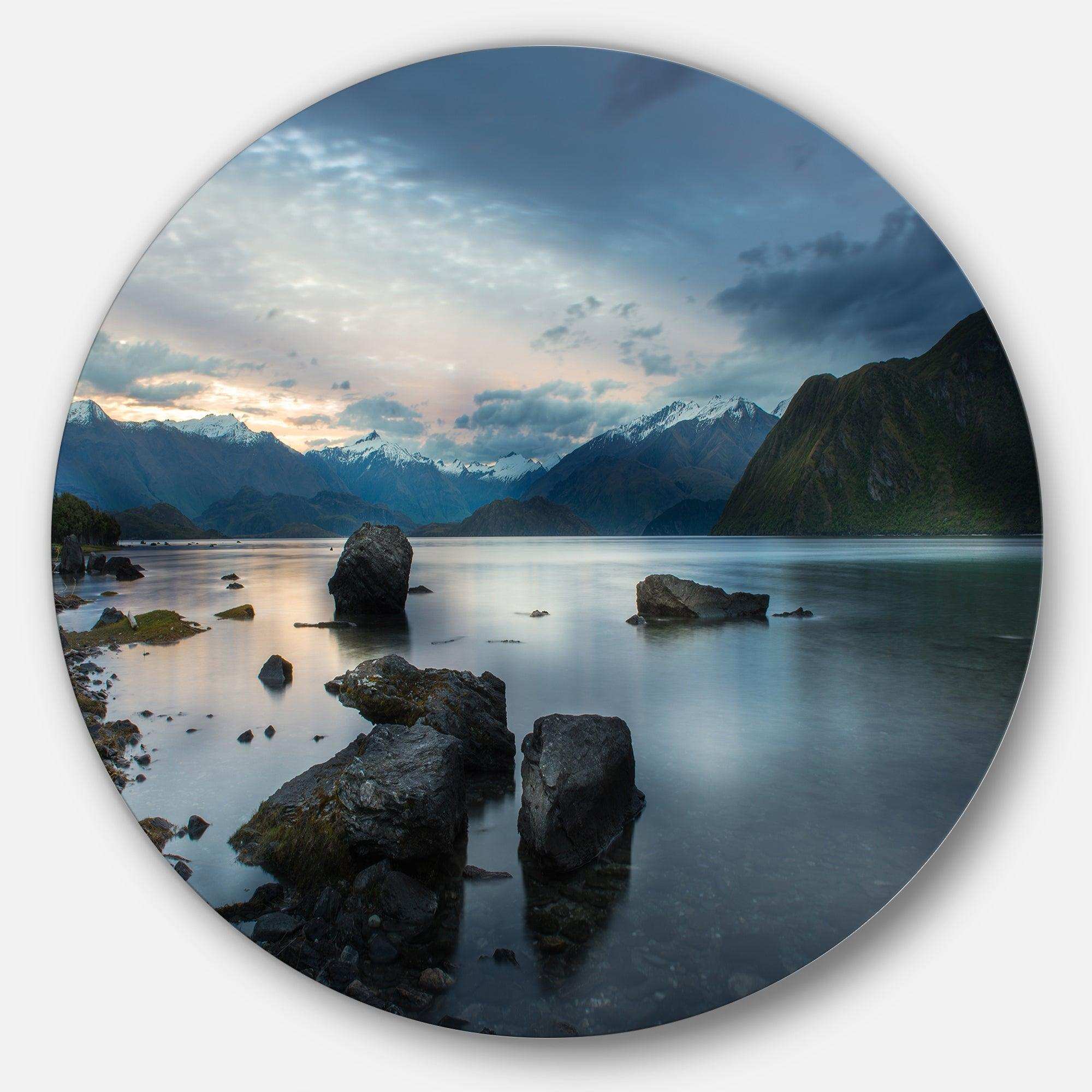 Large Rocks and Distant Cloudy Mountains - Landscape Circle Metal Wall Decor