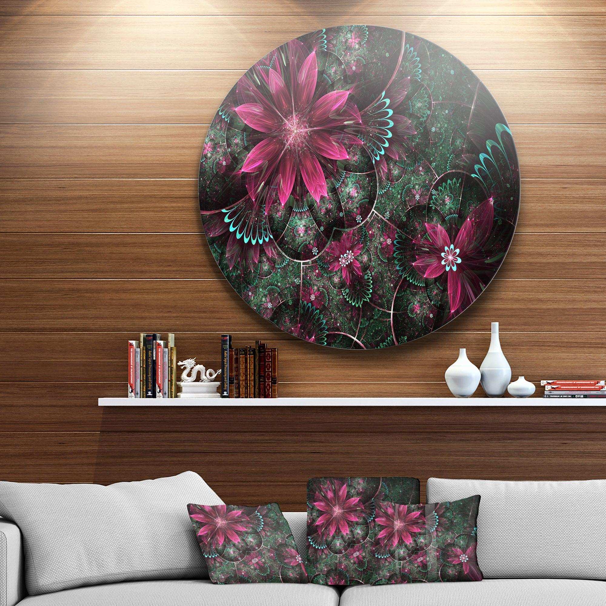 Glossy Green and Red Fractal Flowers - Floral Metal Circle Wall Art