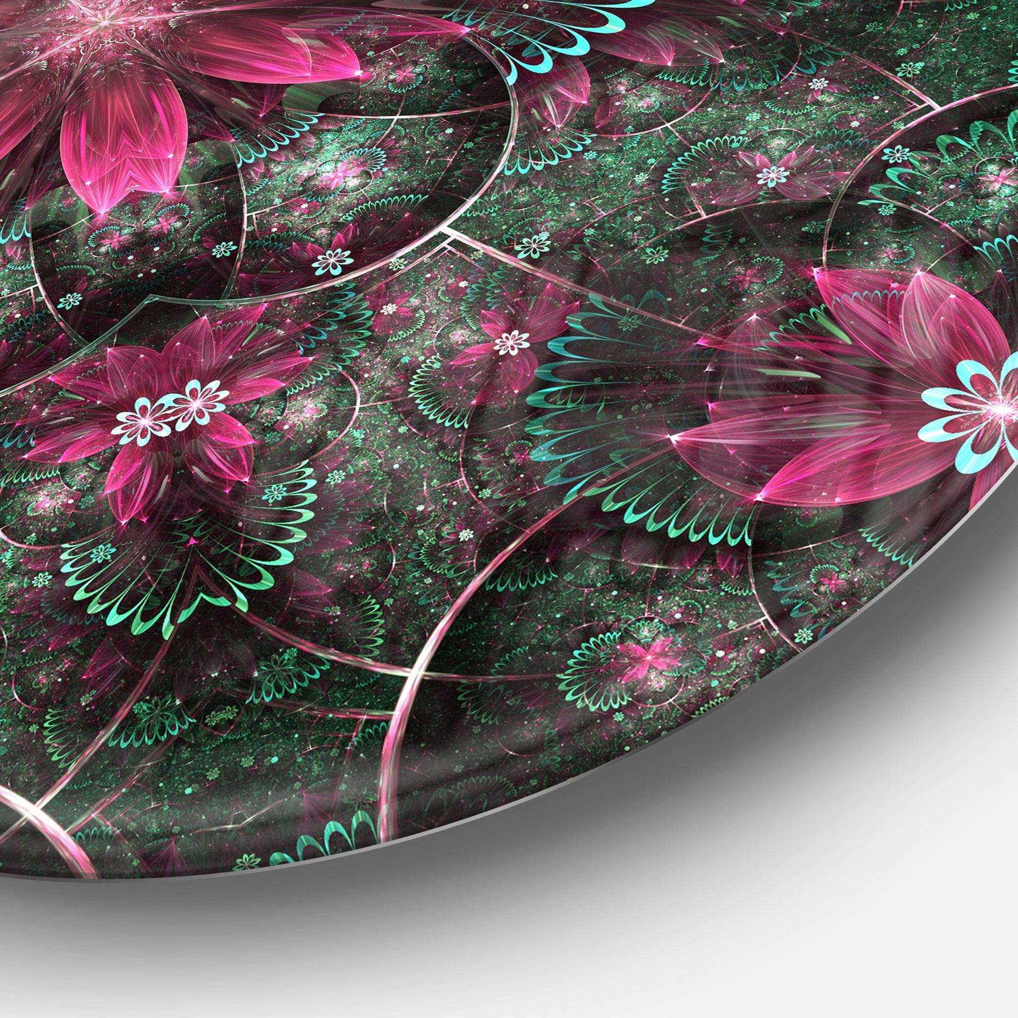 Glossy Green and Red Fractal Flowers - Floral Metal Circle Wall Art