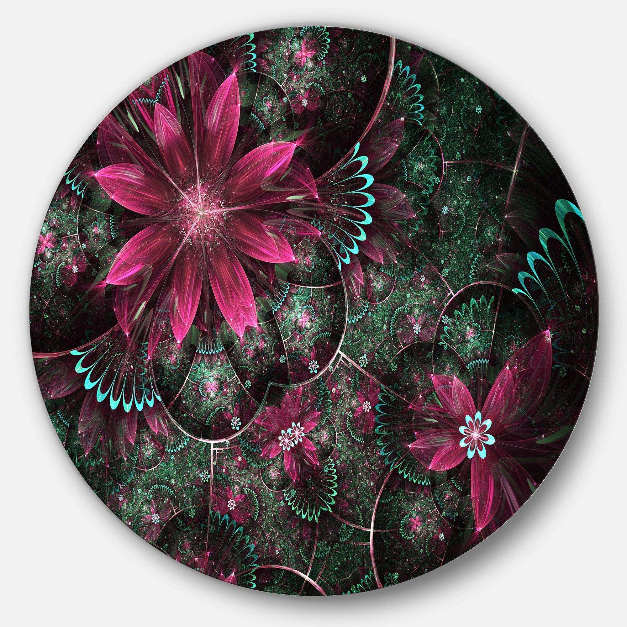 Glossy Green and Red Fractal Flowers - Floral Metal Circle Wall Art