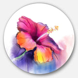 Red Yellow Hibiscus Flower in Blue - Floral Round Metal Wall Art
