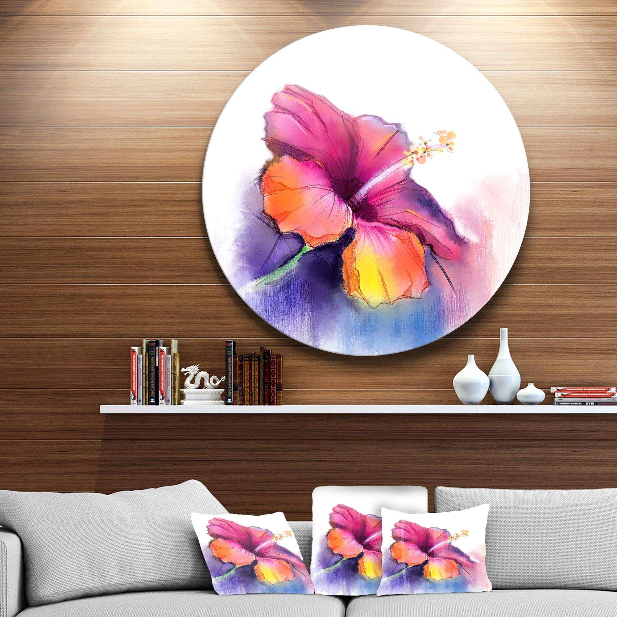 Red Yellow Hibiscus Flower in Blue - Floral Round Metal Wall Art