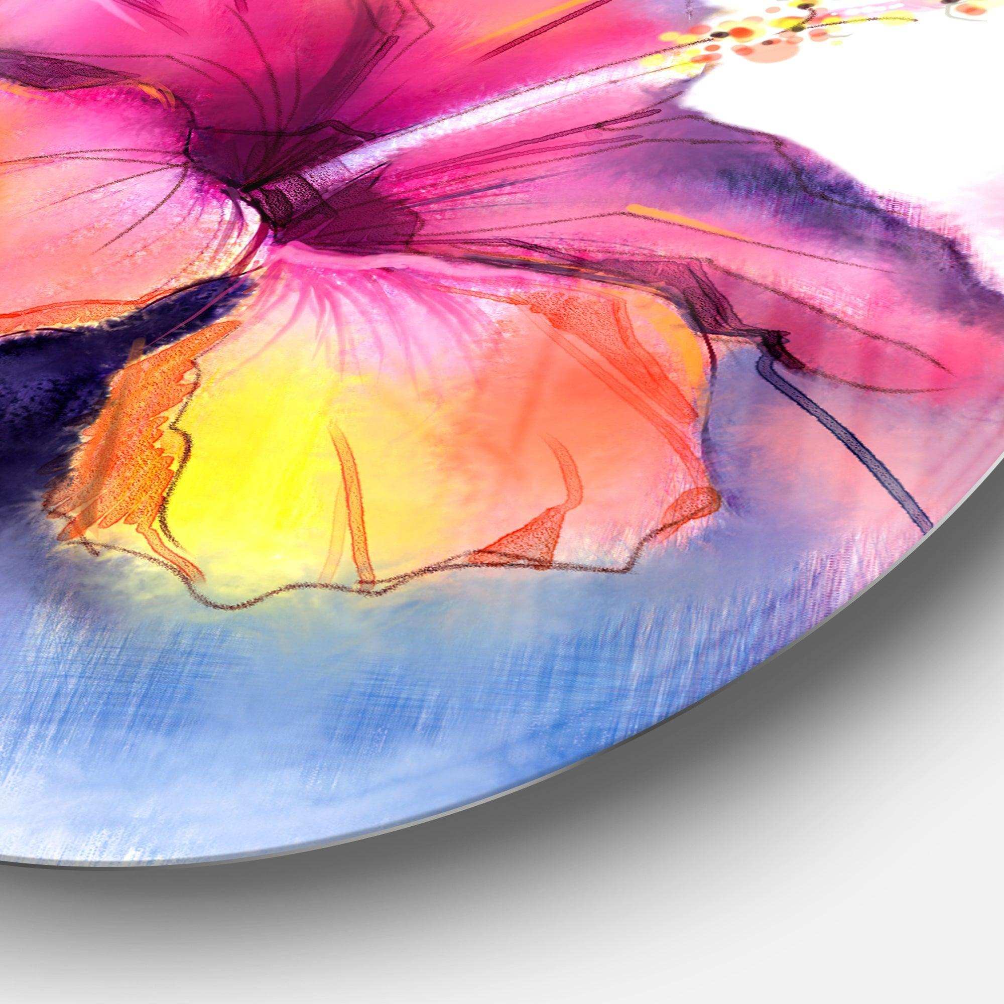 Red Yellow Hibiscus Flower in Blue - Floral Round Metal Wall Art