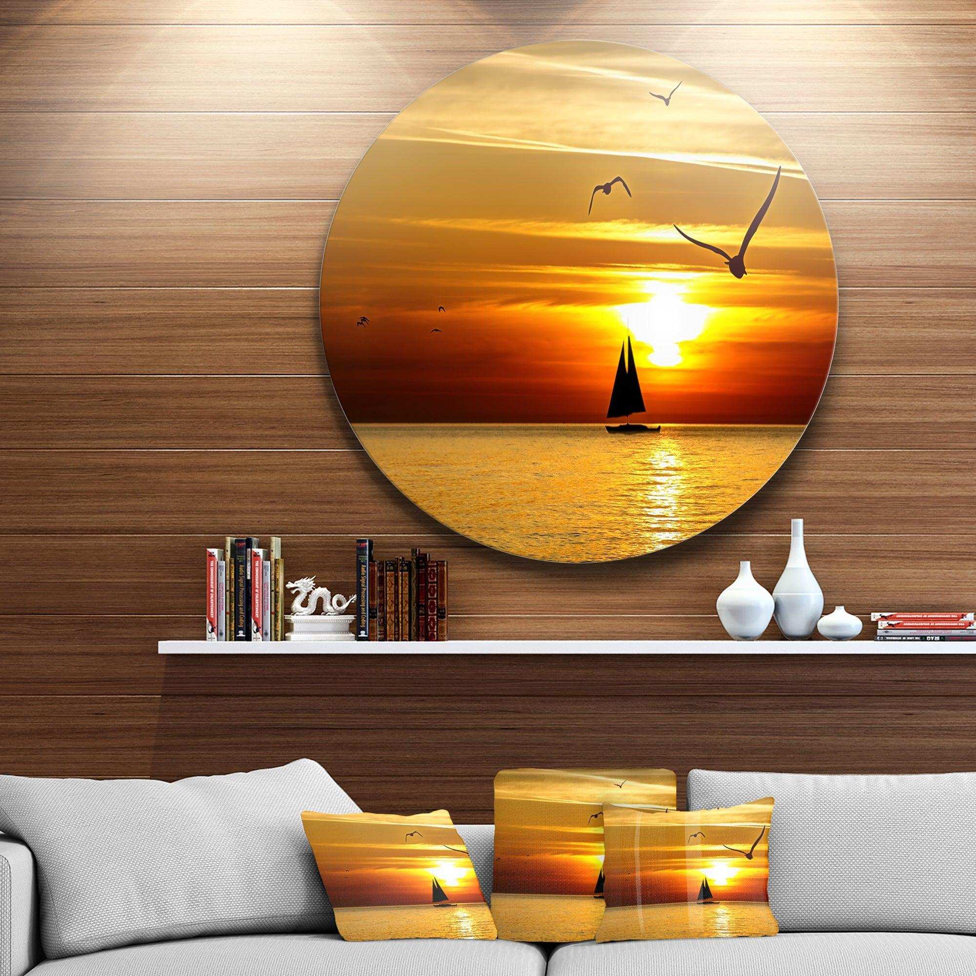 Bright Yellow Beach with Birds - Sea & Shore Circle Metal Wall Decor