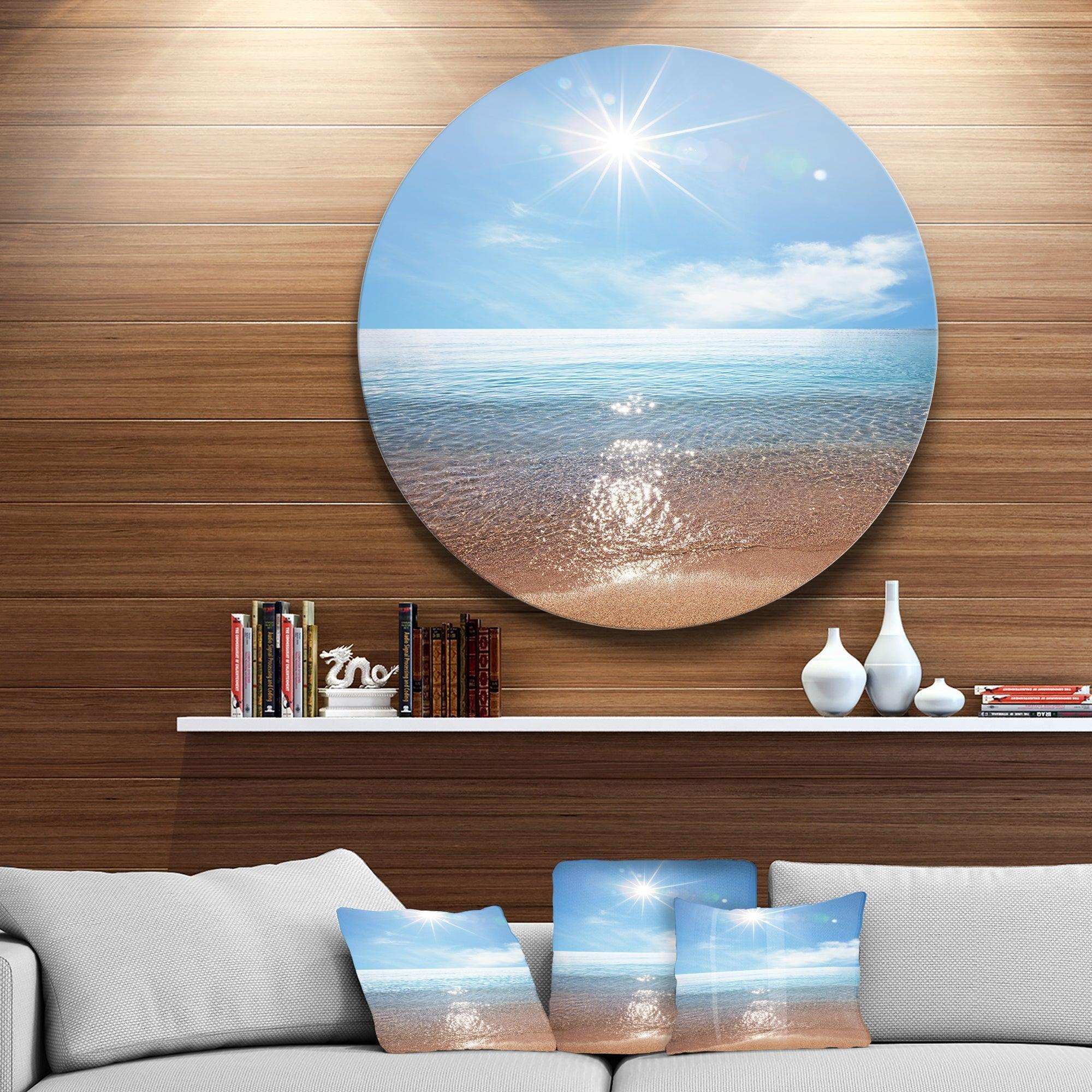 Serene Seascape with Bright Sun - Sea & Shore Round Metal Wall Art