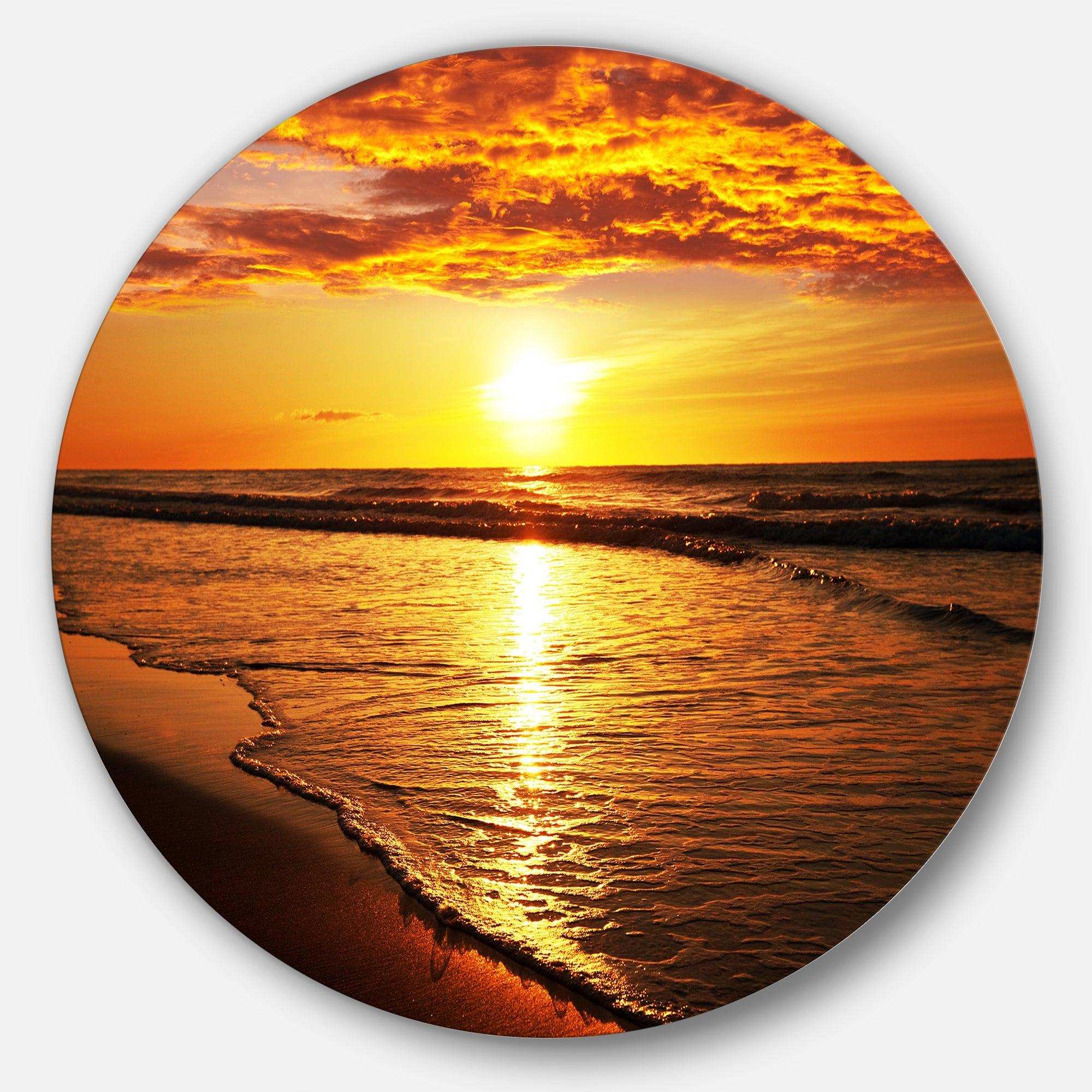 Bright Yellow Sunset over Waves - Sea & Shore Metal Circle Wall Art