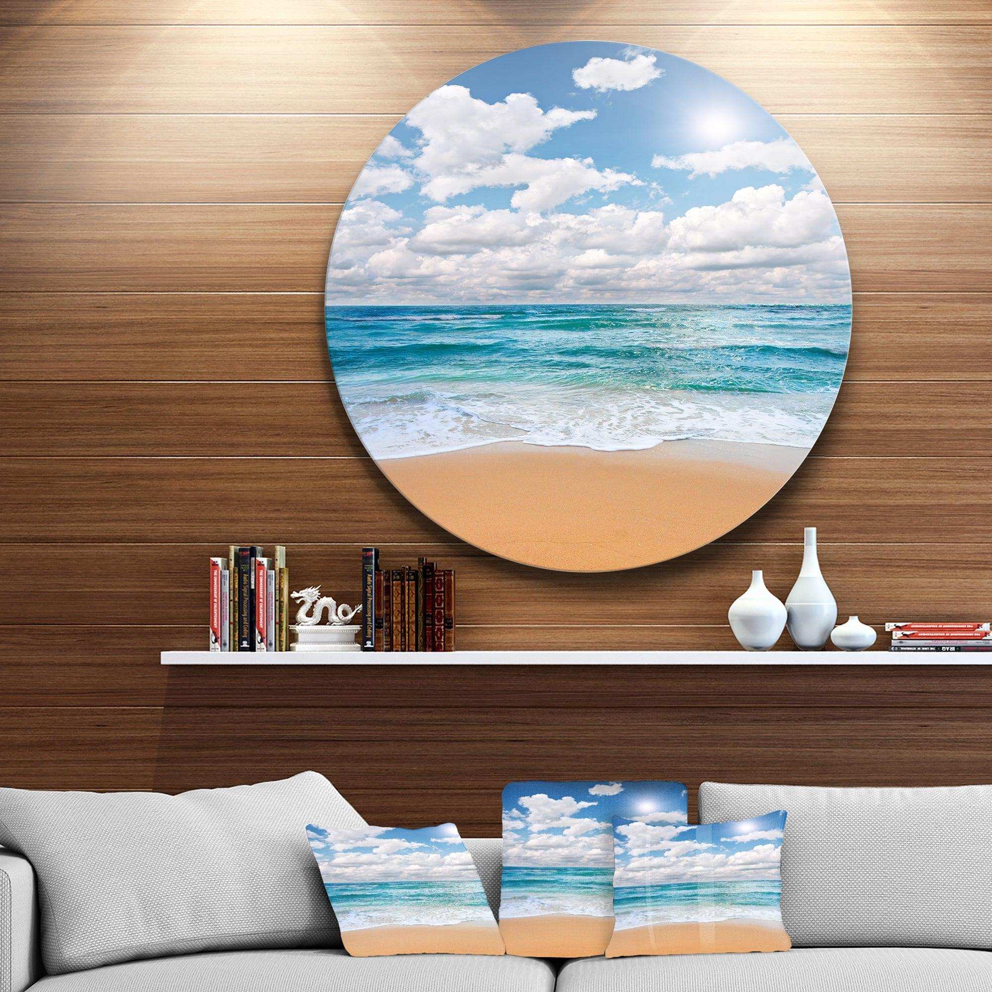 Peaceful Seashore under White Clouds - Sea & Shore Circle Metal Wall Decor