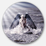 Woman with Dark Angel Wings - Sea & Shore Round Metal Wall Art