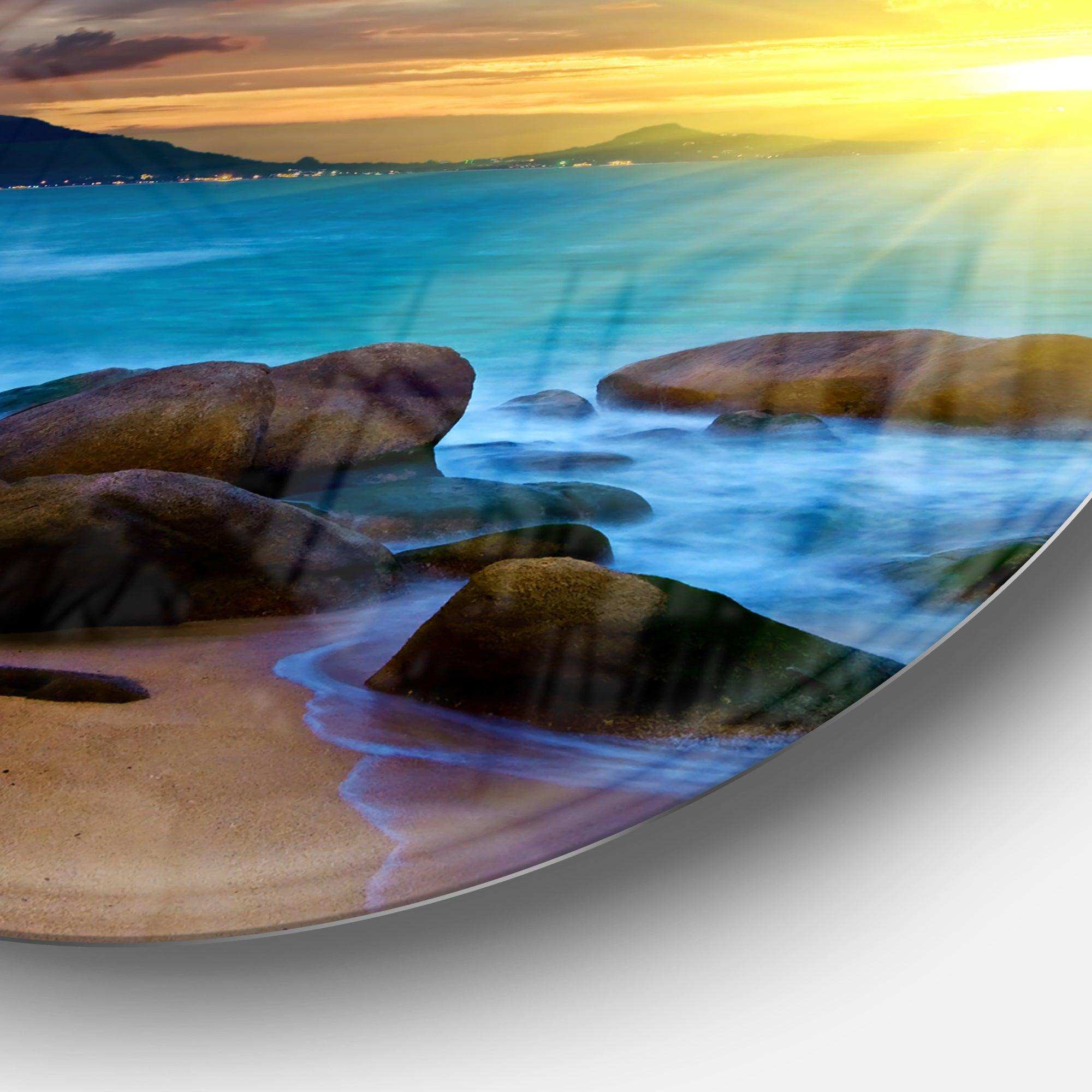 Bright Yellow Sun over Blue Waters - Sea & Shore Circle Metal Wall Decor