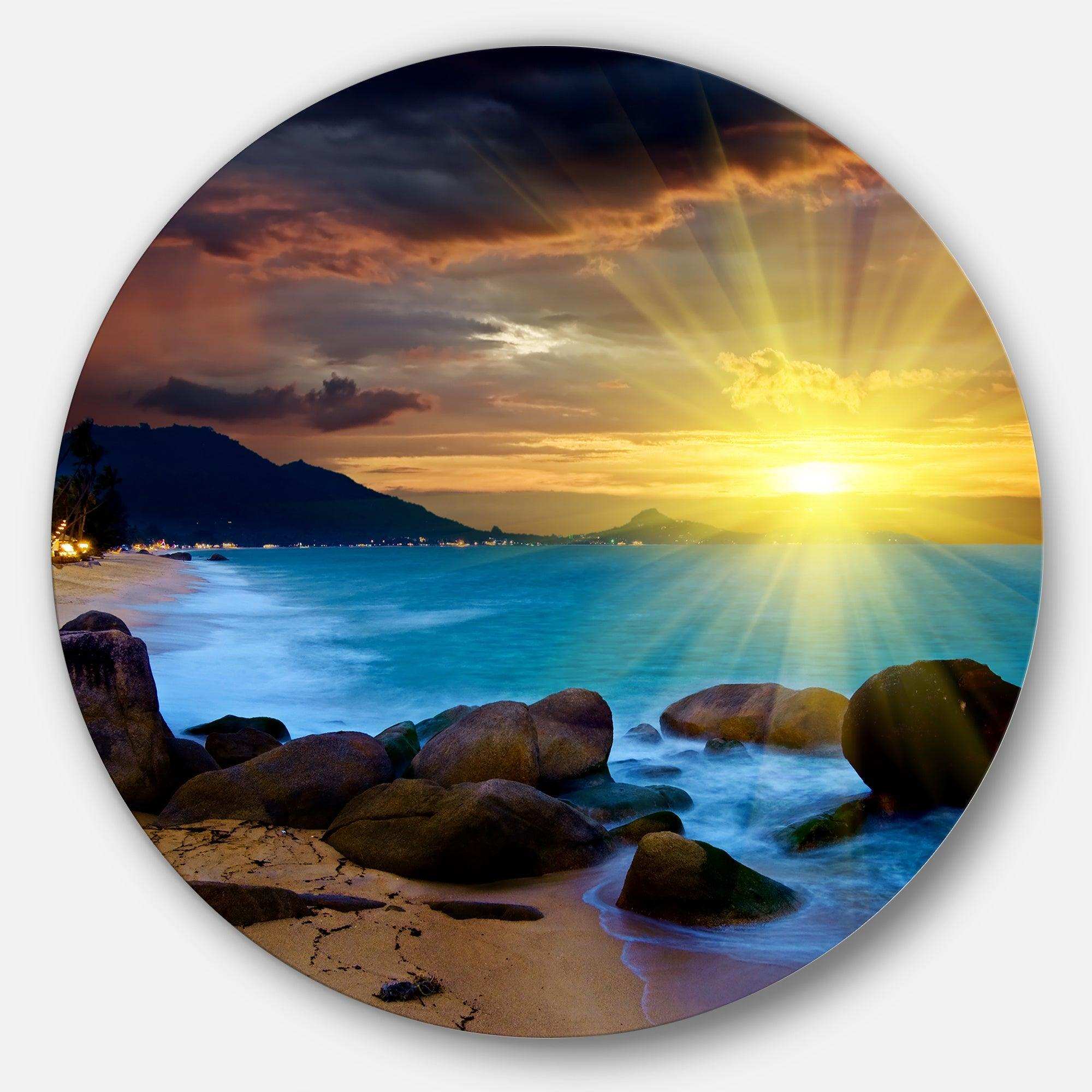 Bright Yellow Sun over Blue Waters - Sea & Shore Circle Metal Wall Decor