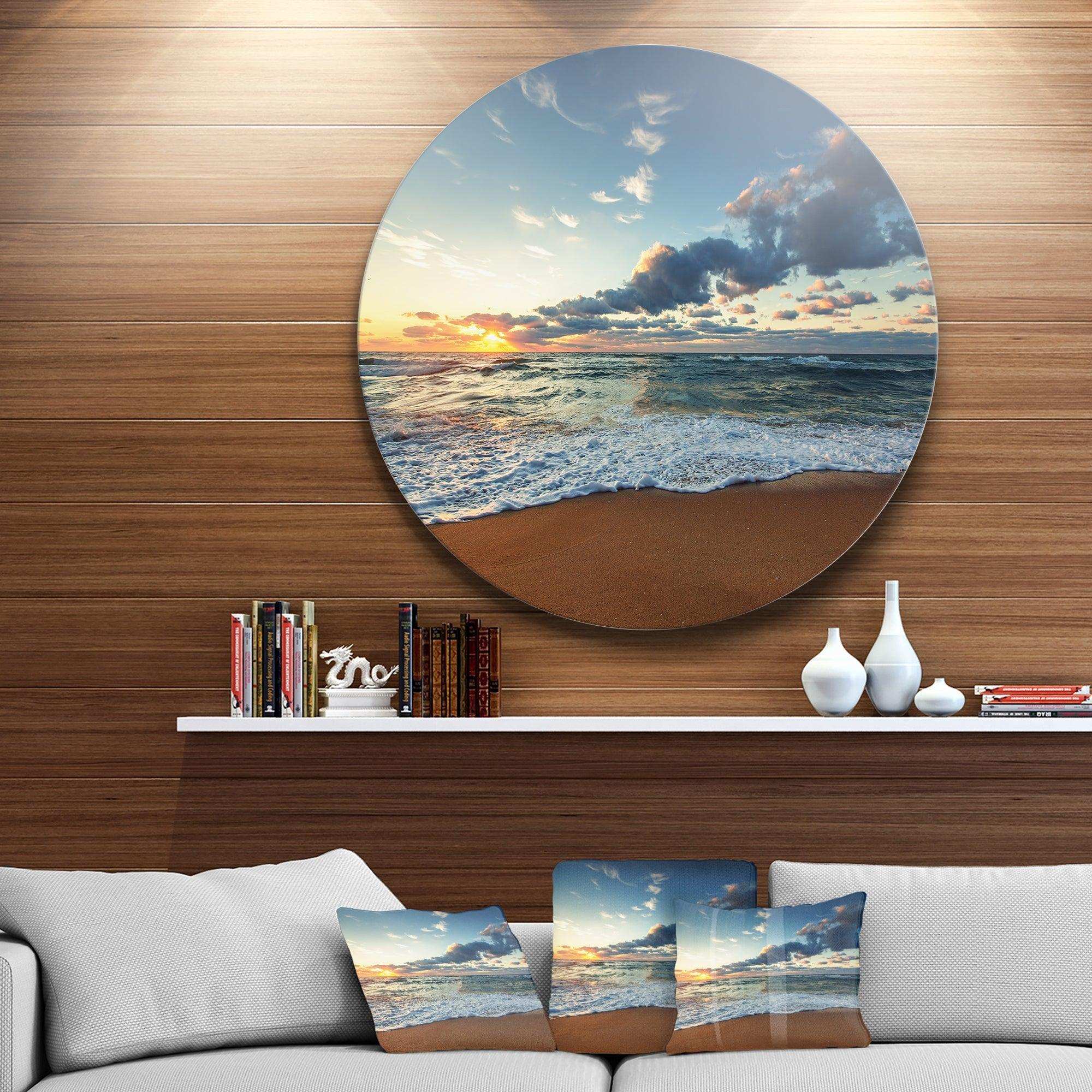 Sunrise and Glowing Waves in Ocean - Sea & Shore Oversized Circle Metal Wall Art