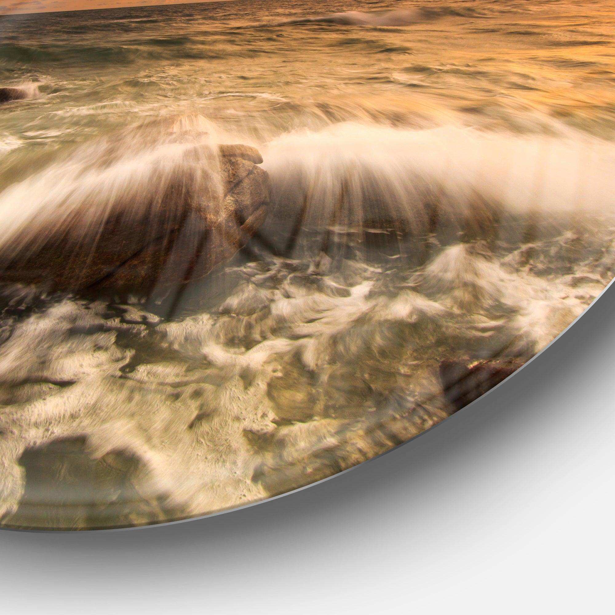 Rushing Ocean Waves into Rocks - Sea & Shore Round Metal Wall Art