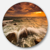 Rushing Ocean Waves into Rocks - Sea & Shore Round Metal Wall Art