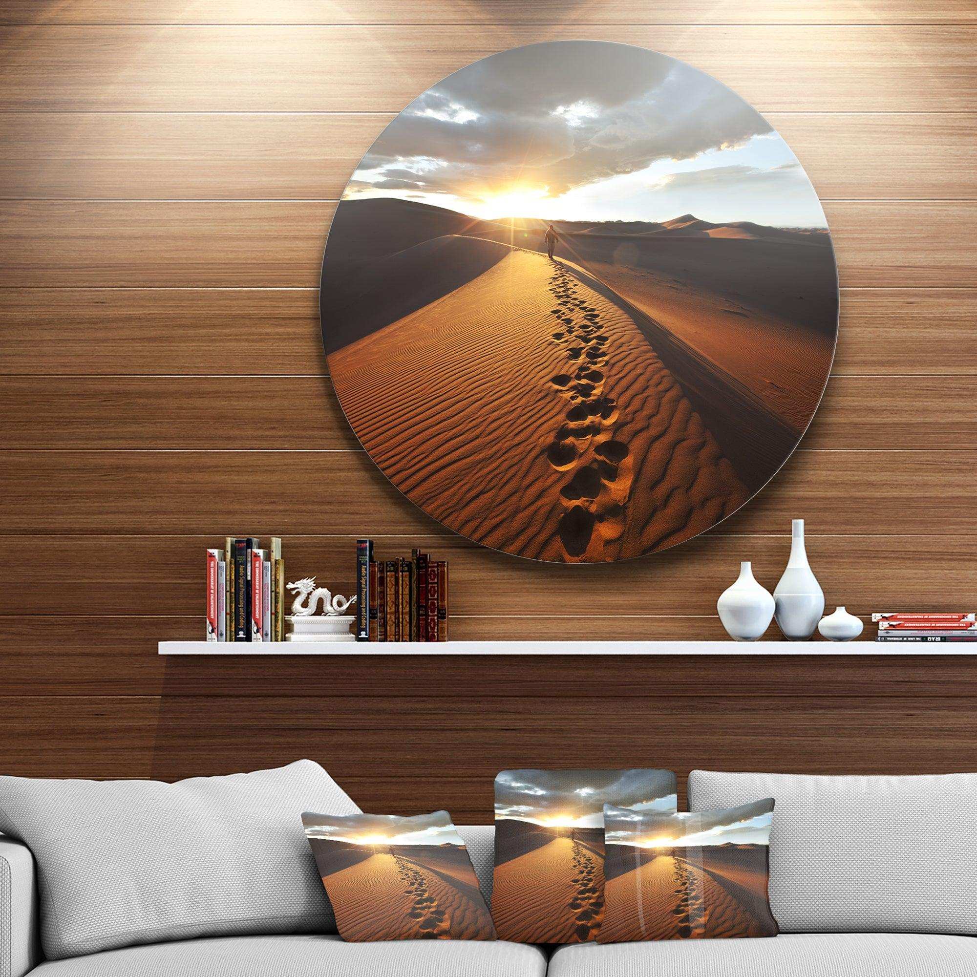 Hiking Path in Desert at Sunset - Landscape Circle Metal Wall Decor