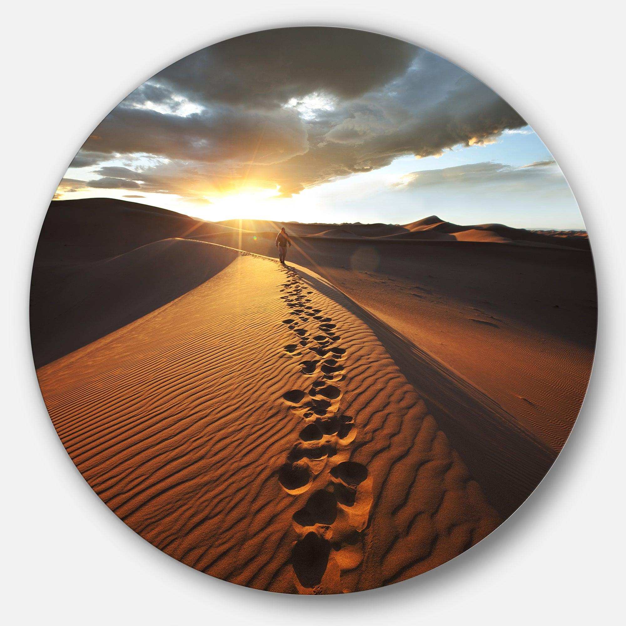 Hiking Path in Desert at Sunset - Landscape Circle Metal Wall Decor