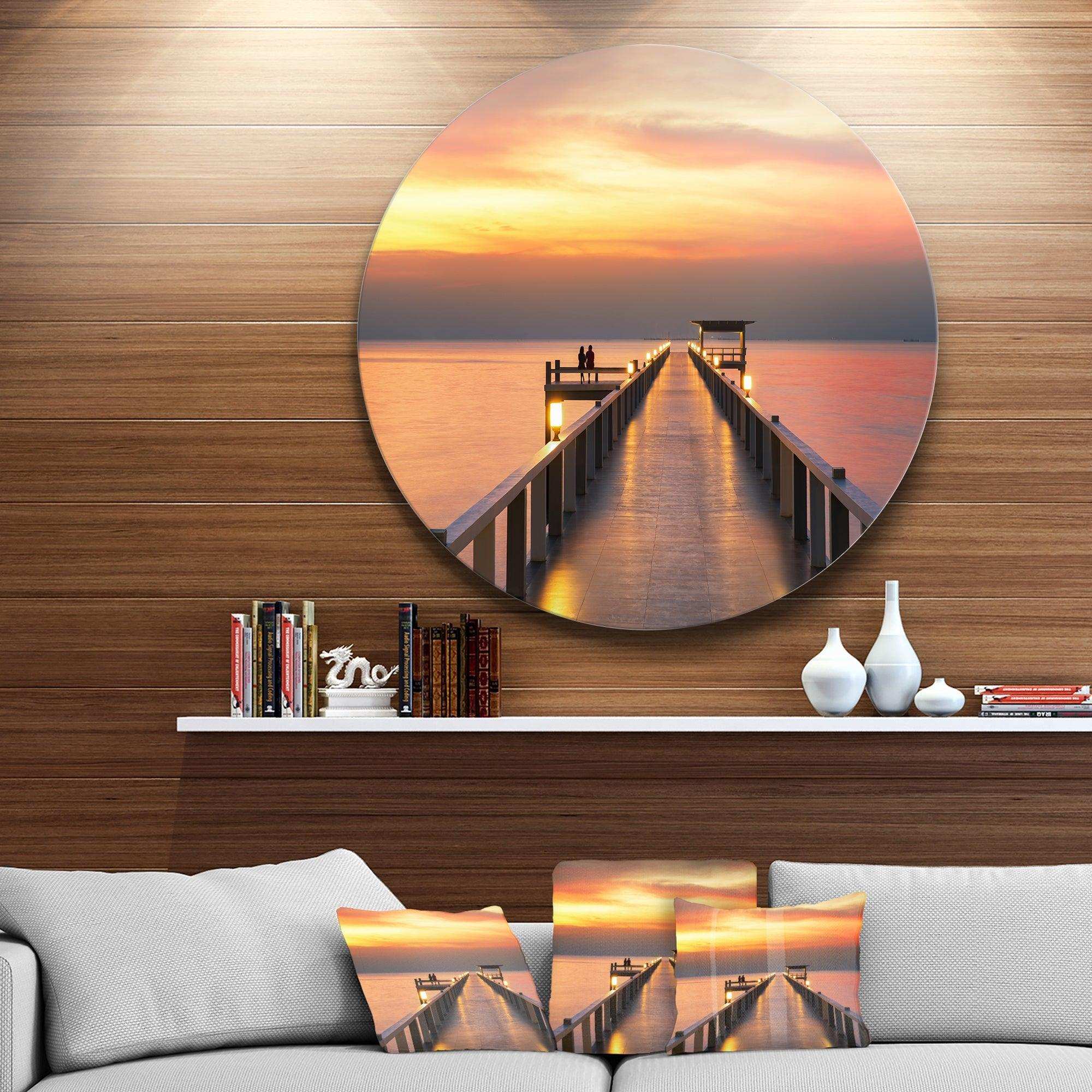 Yellowish Sky and Long Wooden Bridge - Coastal Metal Circle Wall Art