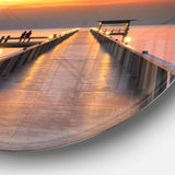 Yellowish Sky and Long Wooden Bridge - Coastal Metal Circle Wall Art