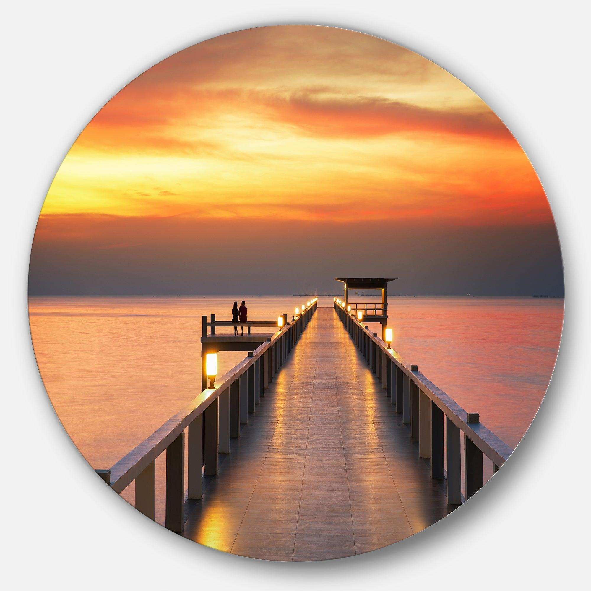 Yellowish Sky and Long Wooden Bridge - Coastal Metal Circle Wall Art