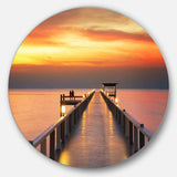 Yellowish Sky and Long Wooden Bridge - Coastal Metal Circle Wall Art