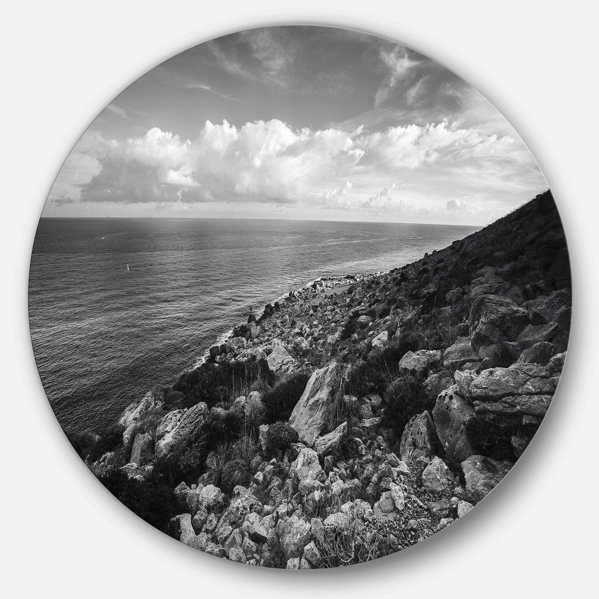 Sunrise over Sicily Black and White - Sea & Shore Round Metal Wall Art