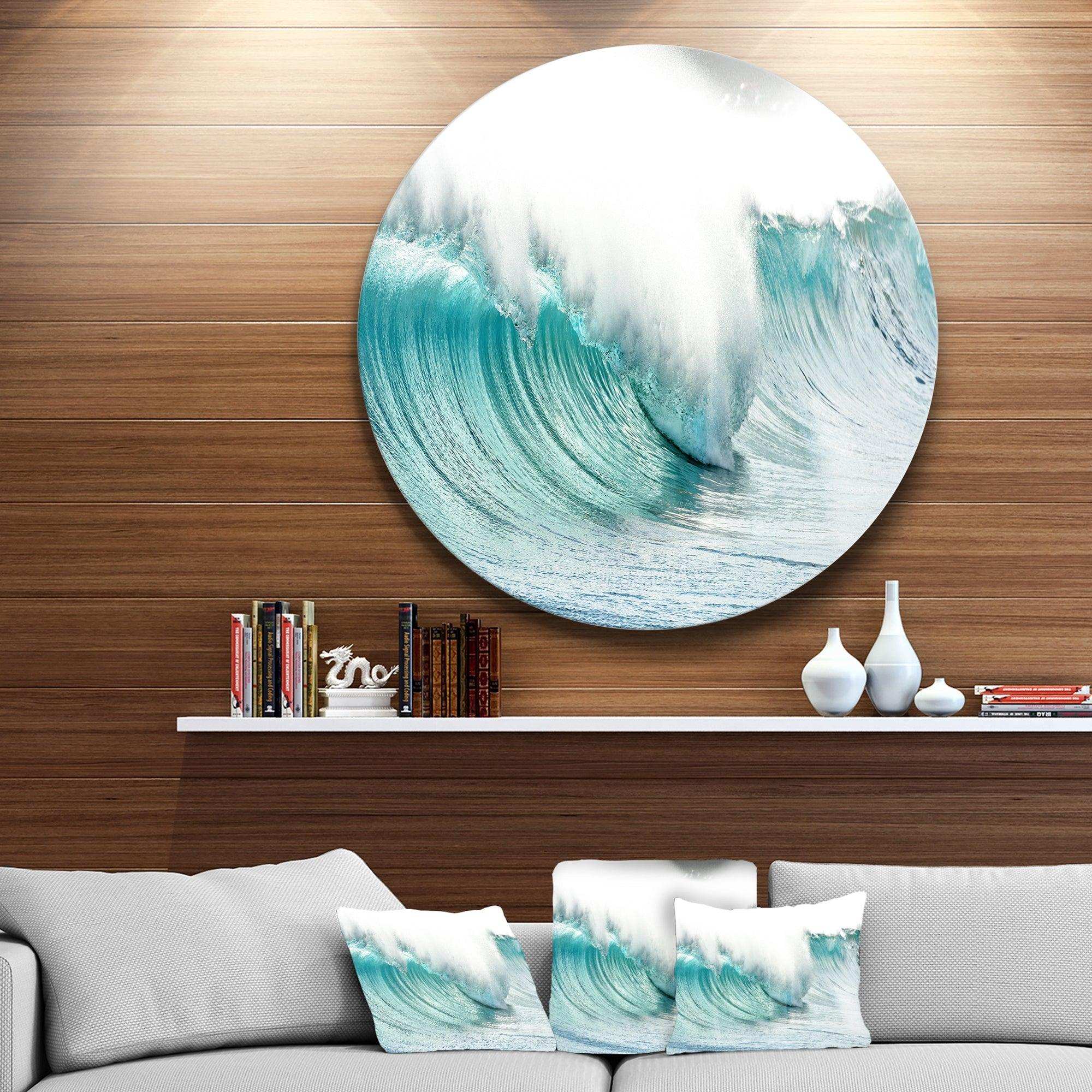 Massive Blue Waves Breaking Beach - Sea & Shore Oversized Circle Metal Wall Art