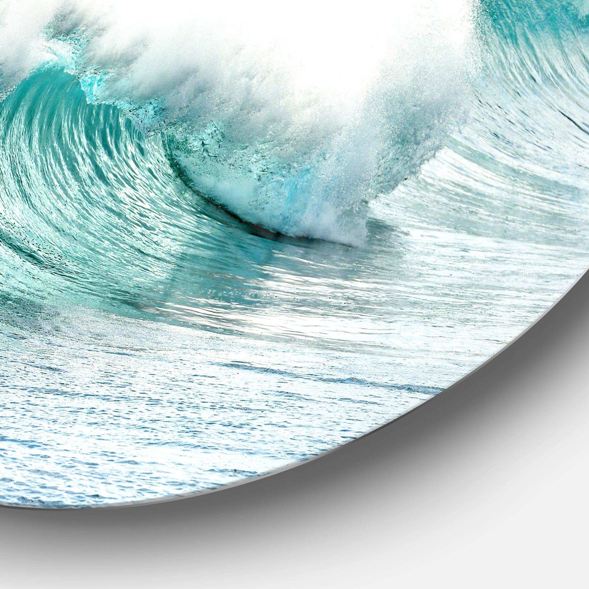 Massive Blue Waves Breaking Beach - Sea & Shore Oversized Circle Metal Wall Art