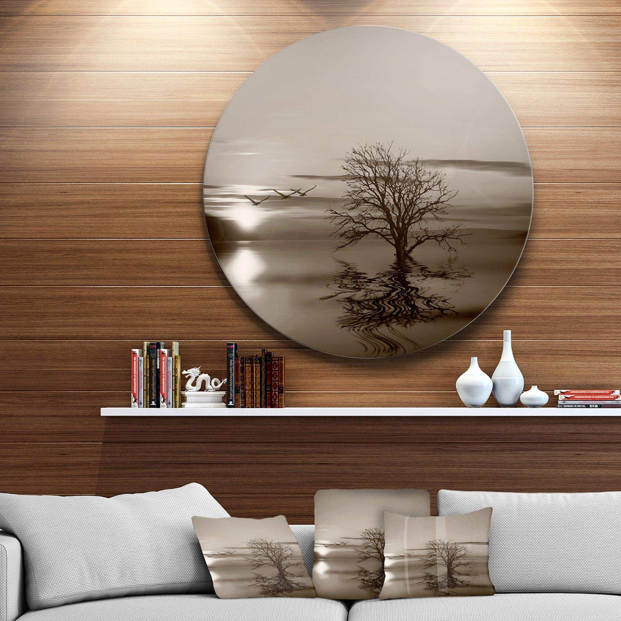Flying Birds and Lonely Tree - Landscape Circle Metal Wall Decor