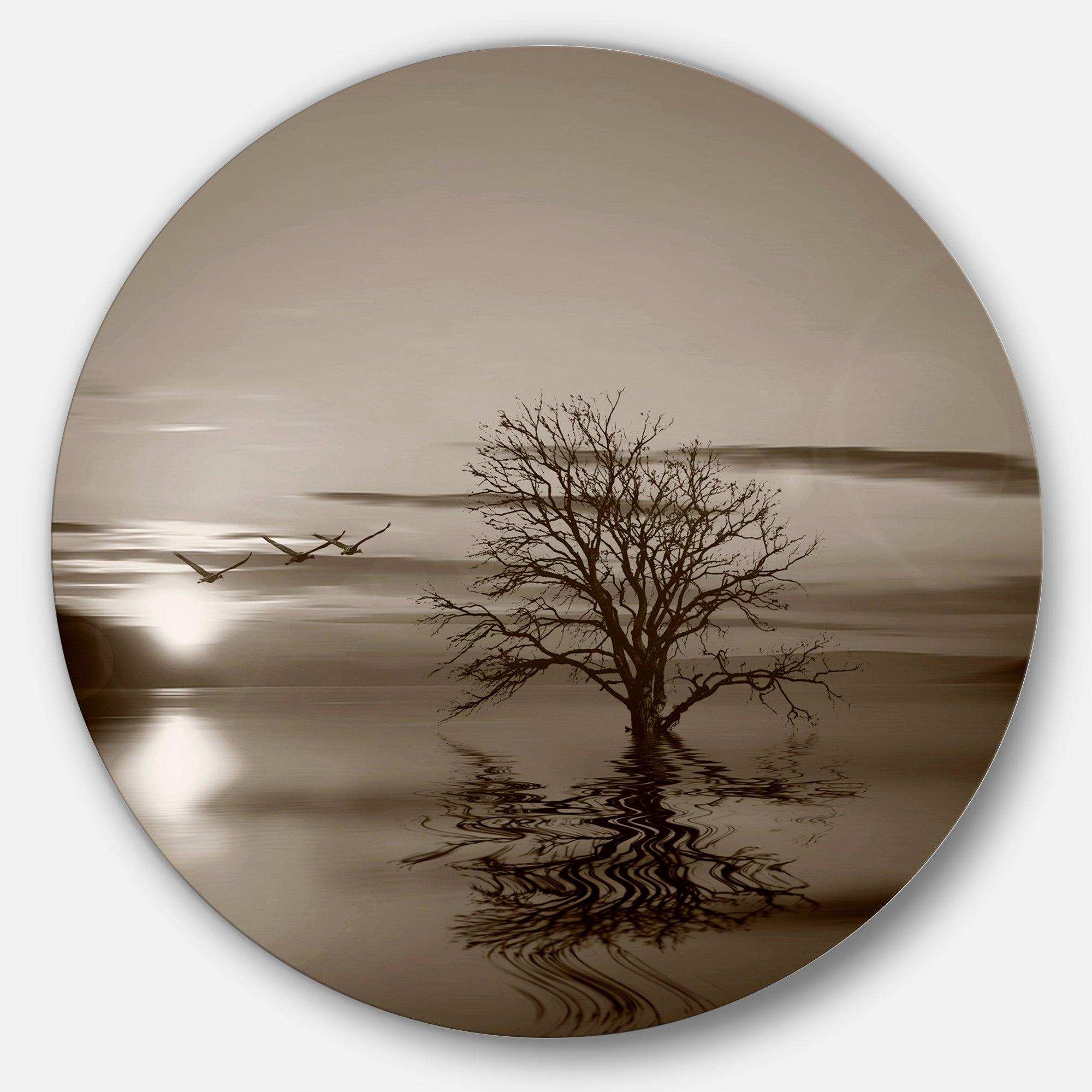 Flying Birds and Lonely Tree - Landscape Circle Metal Wall Decor