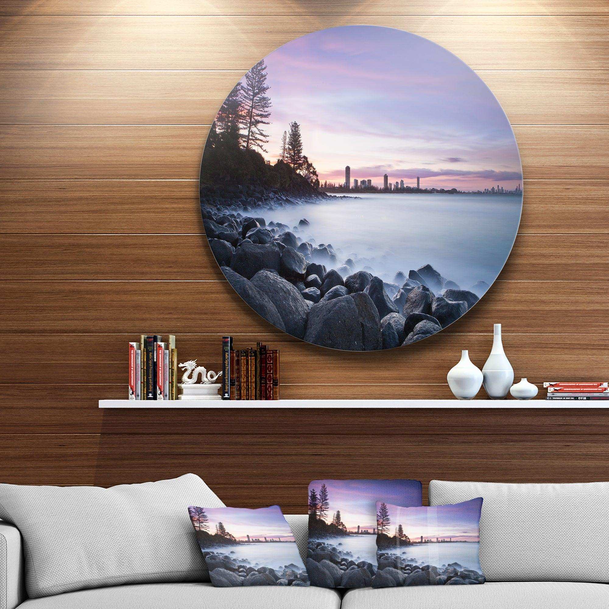 Rocky Burleigh Point in Blue - Sea & Shore Metal Circle Wall Art