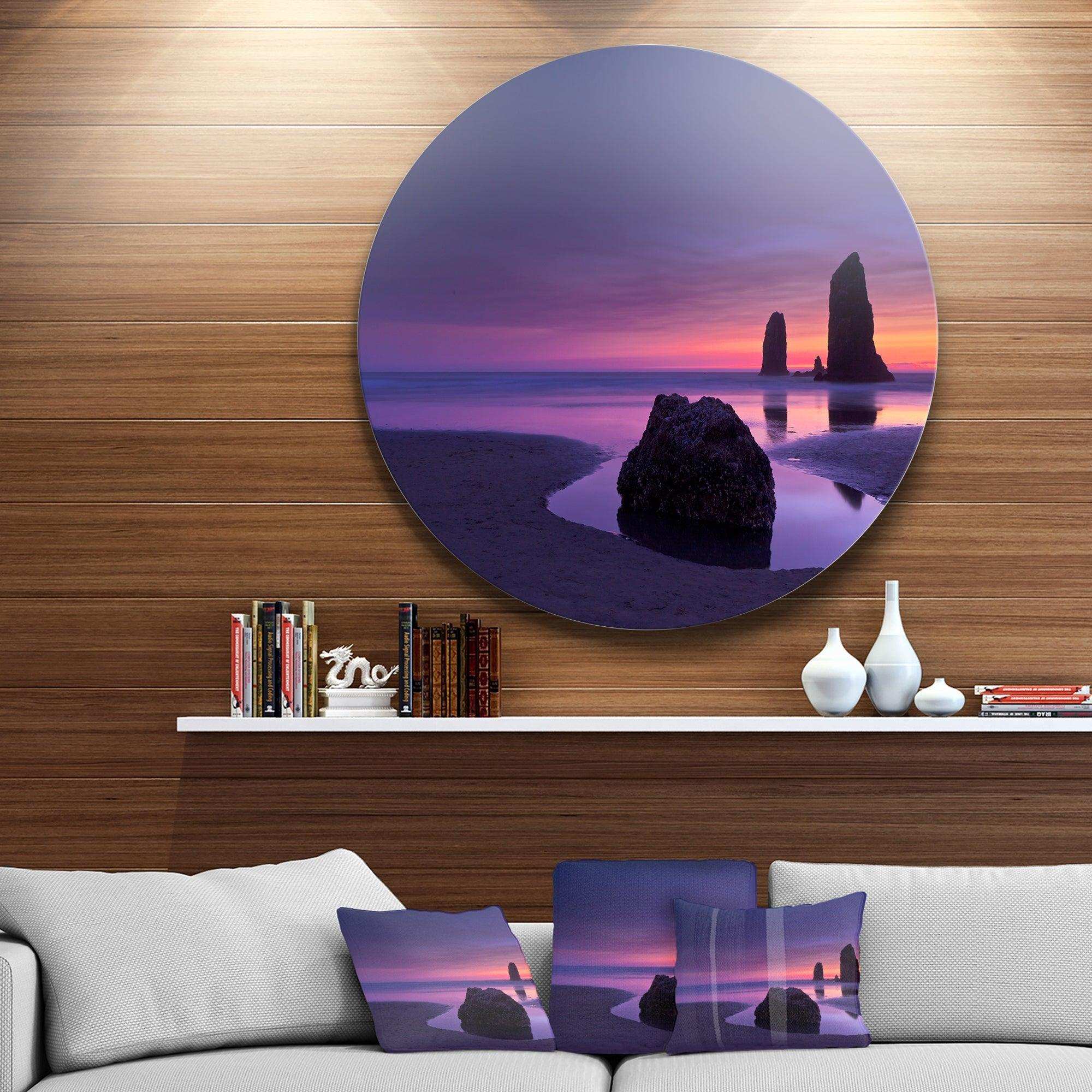 Purple Haystack Rock - Sea & Shore Round Metal Wall Art