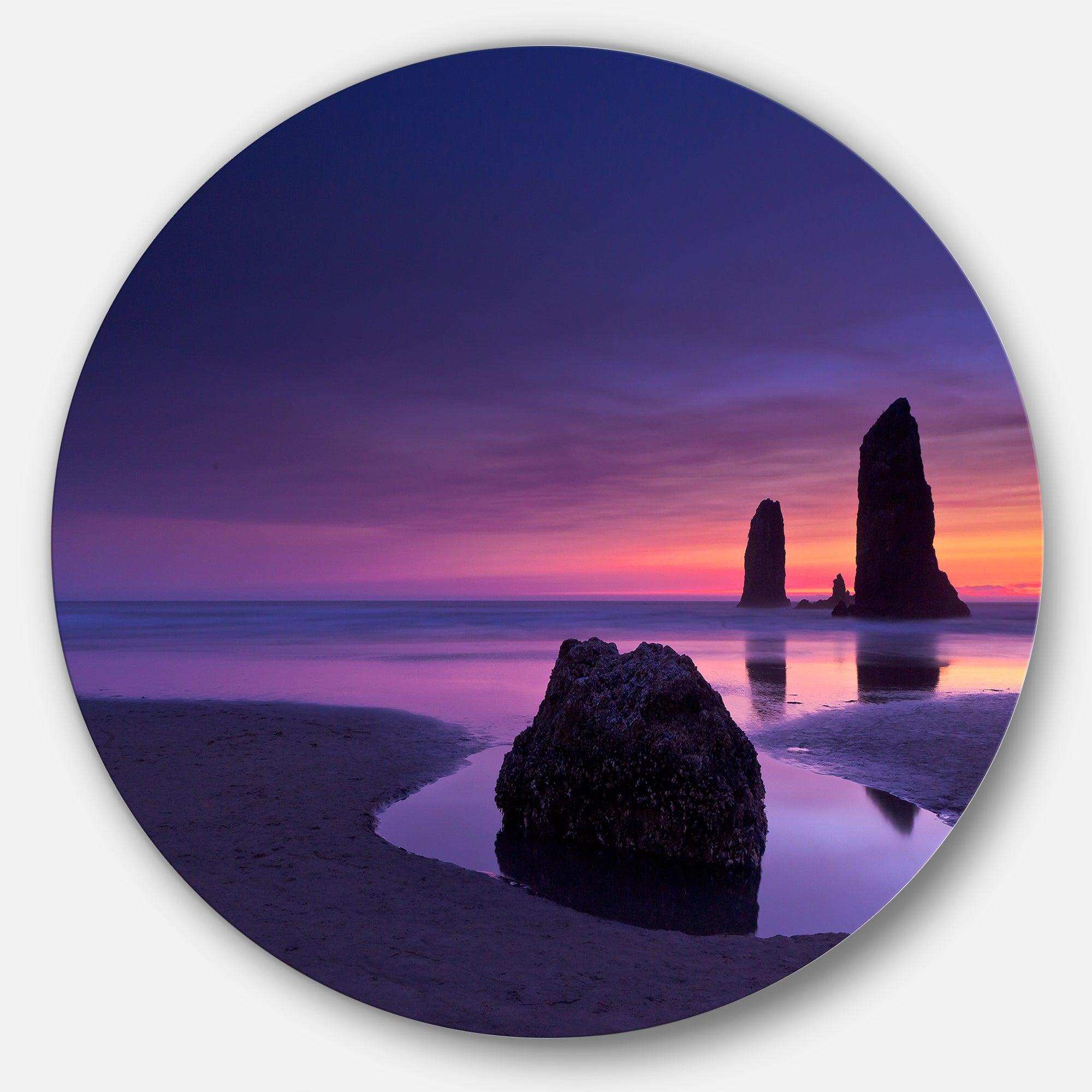 Purple Haystack Rock - Sea & Shore Round Metal Wall Art