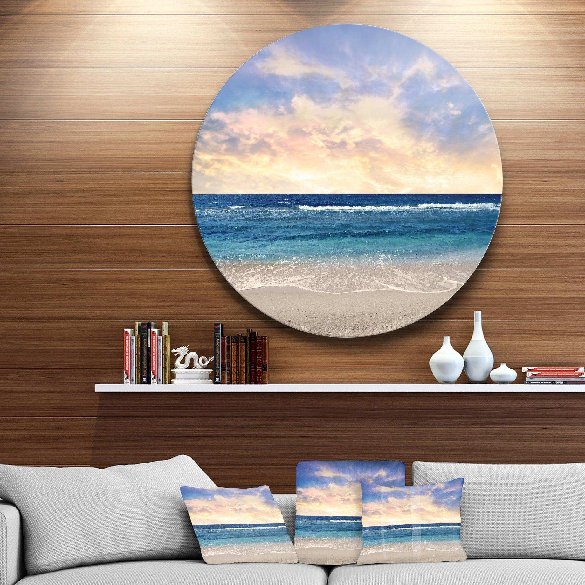 Clear Blue Sky and Ocean at Sunset - Sea & Shore Round Metal Wall Art