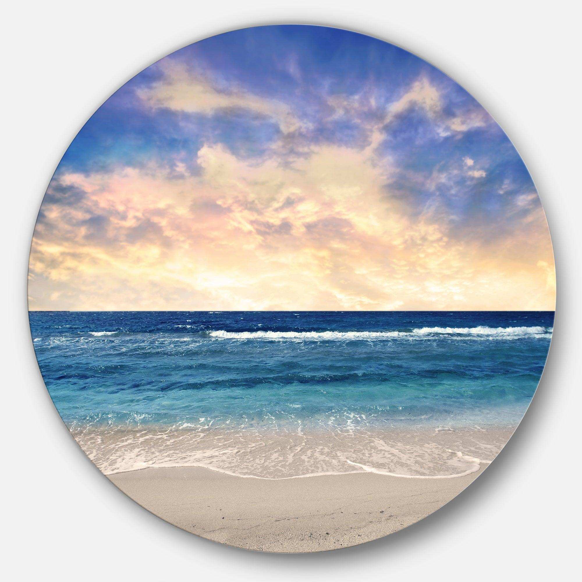 Clear Blue Sky and Ocean at Sunset - Sea & Shore Round Metal Wall Art