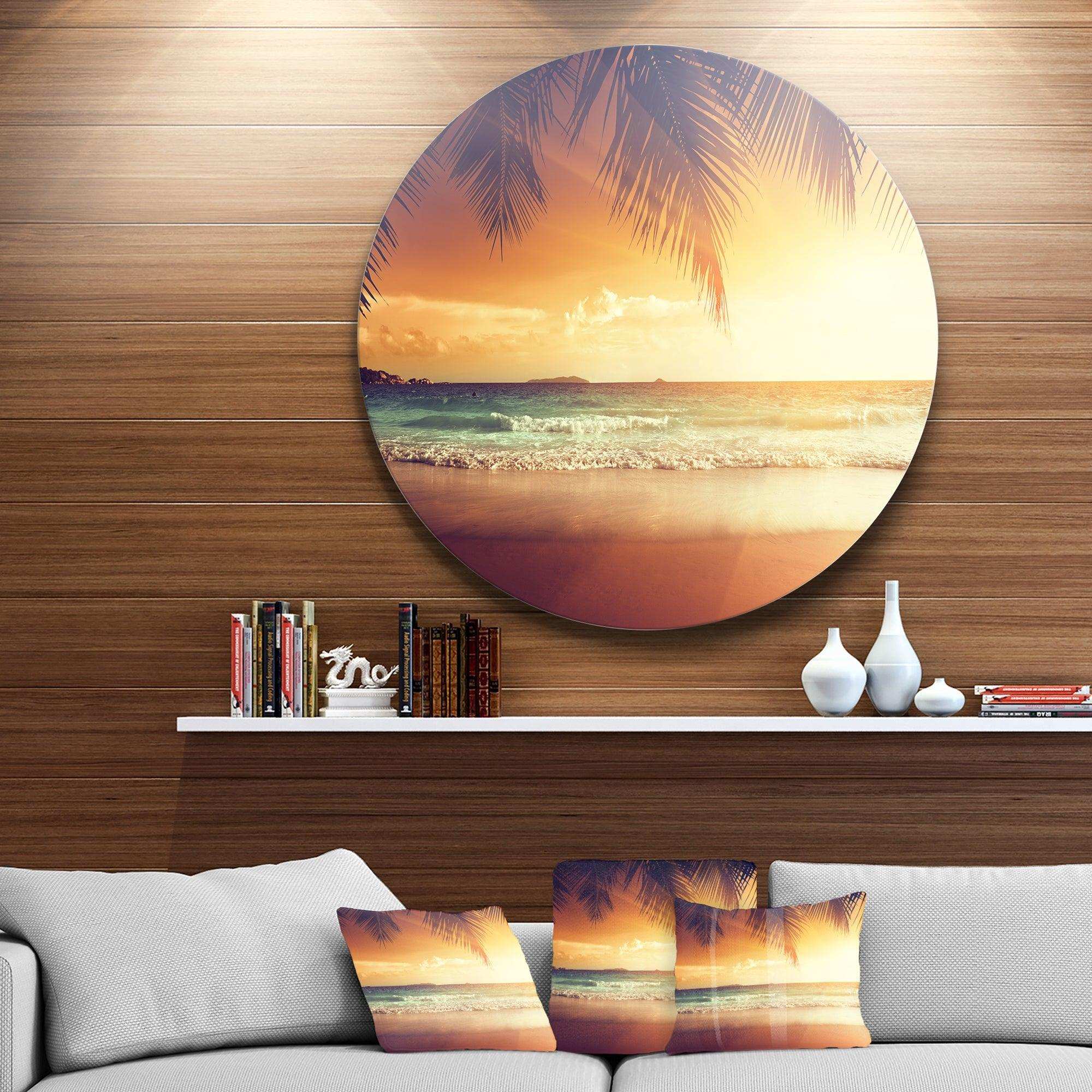 Palm Leaves on Caribbean Seashore - Sea & Shore Metal Circle Wall Art