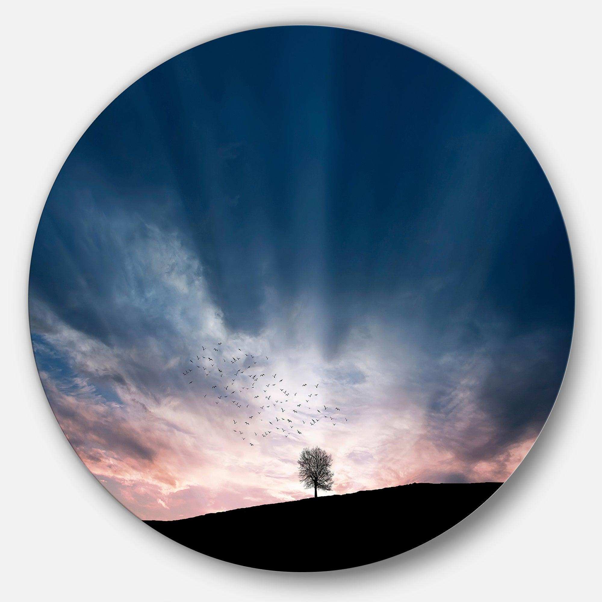 Flock of Birds and Lonely Tree - Landscape Round Metal Wall Art