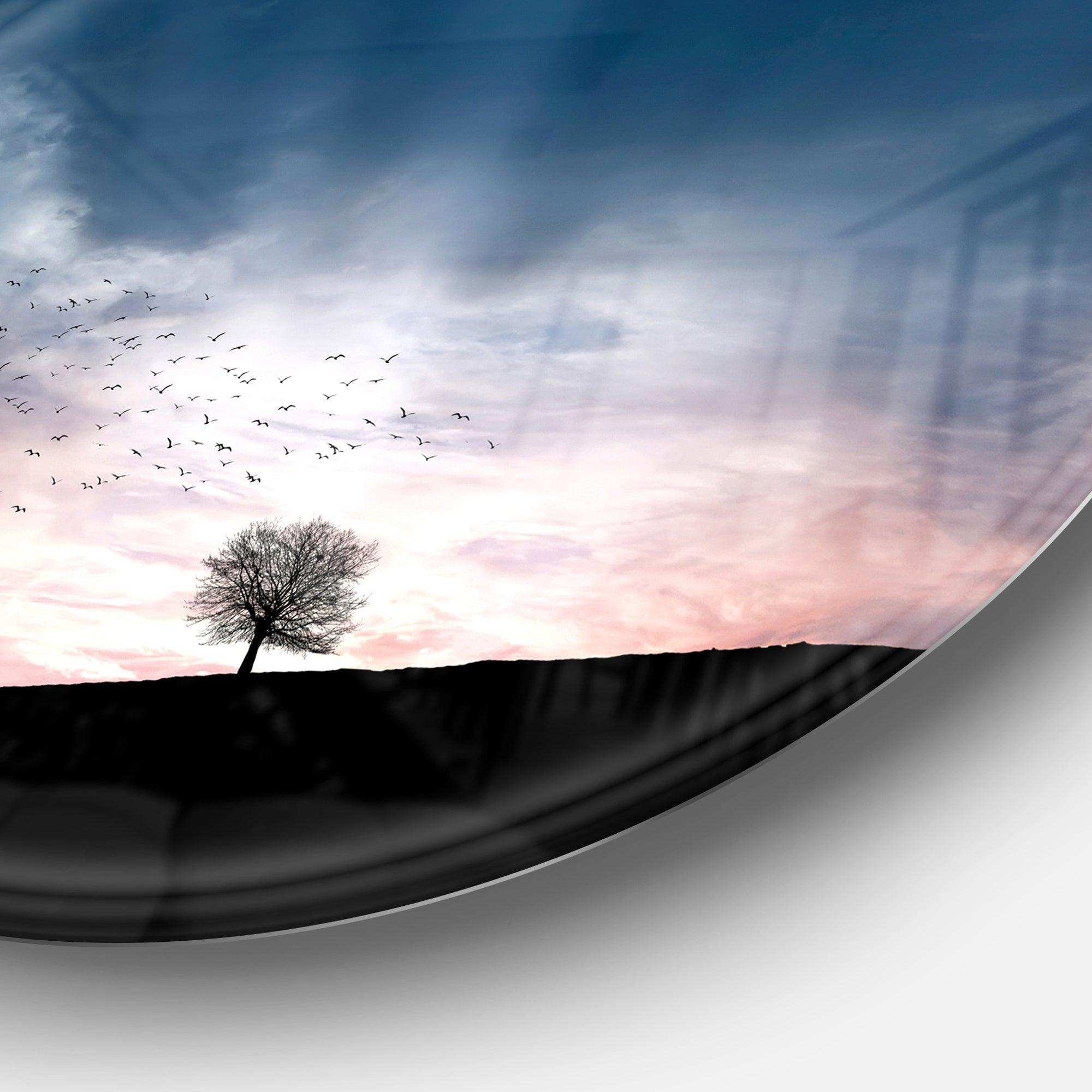Flock of Birds and Lonely Tree - Landscape Round Metal Wall Art