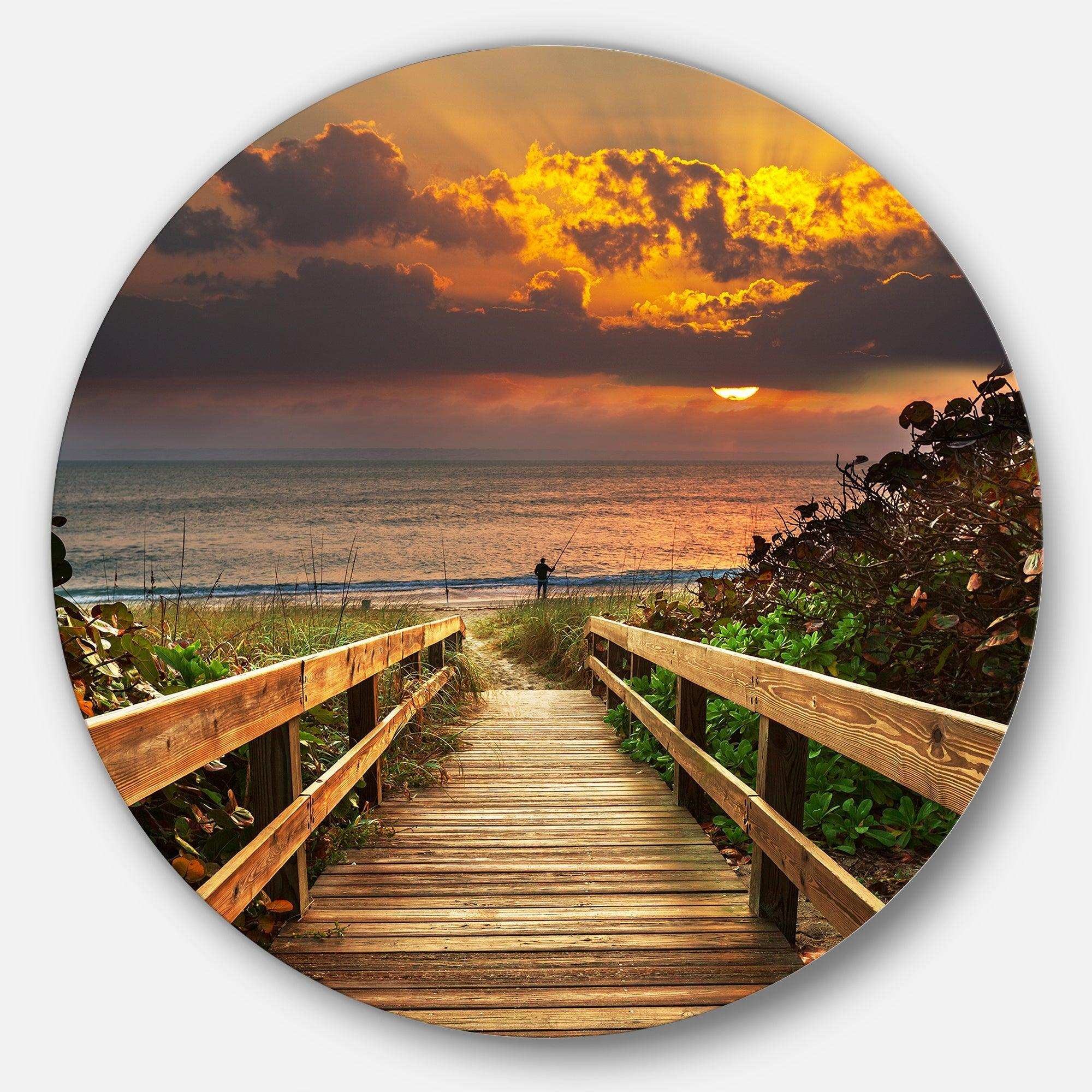 Long Wooden Stairs into the Sea - Sea & Shore Metal Circle Wall Art