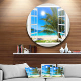Window Open to Beach with Palm - Sea & Shore Oversized Circle Metal Wall Art