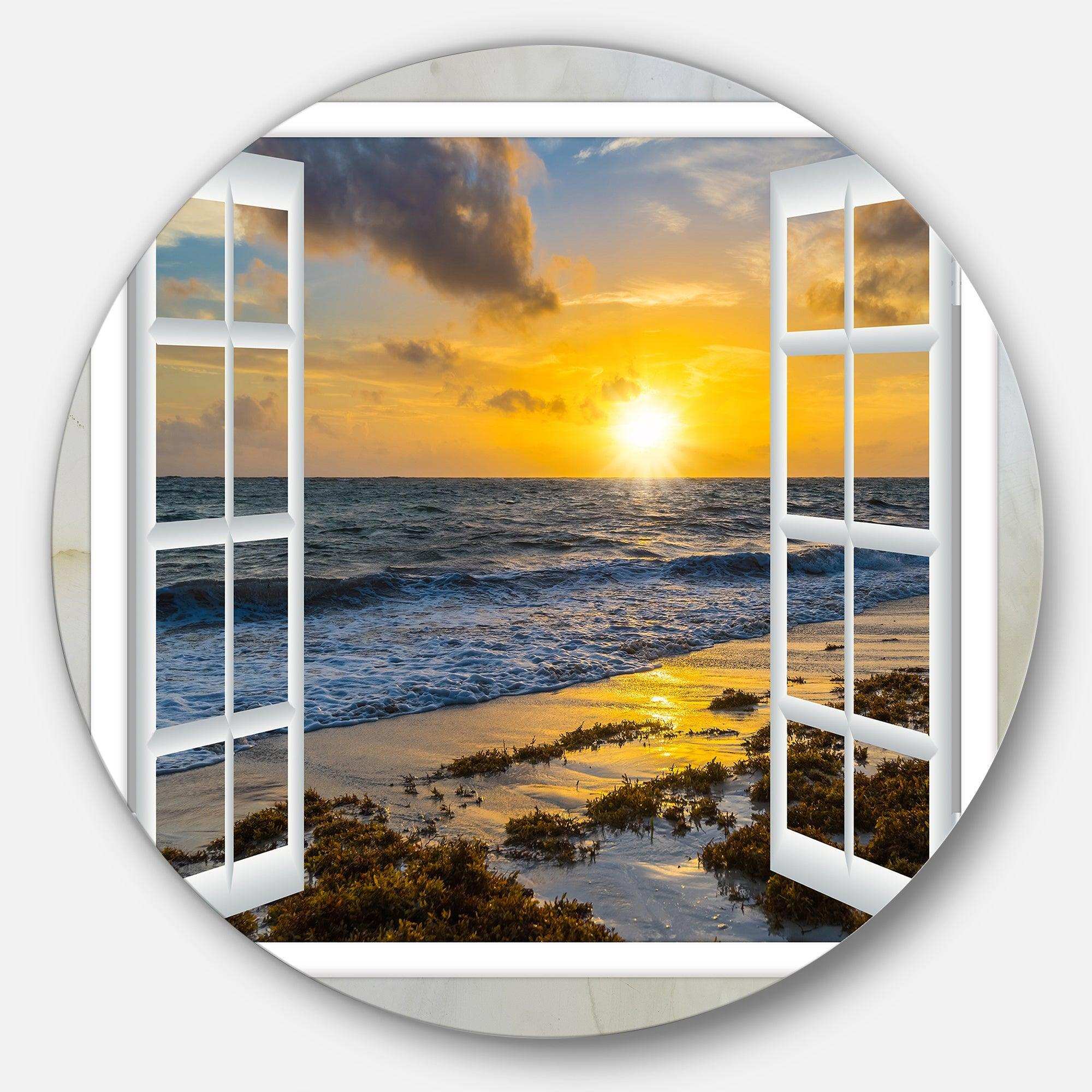 Open Window to Bright Yellow Sunset - Sea & Shore Circle Metal Wall Decor