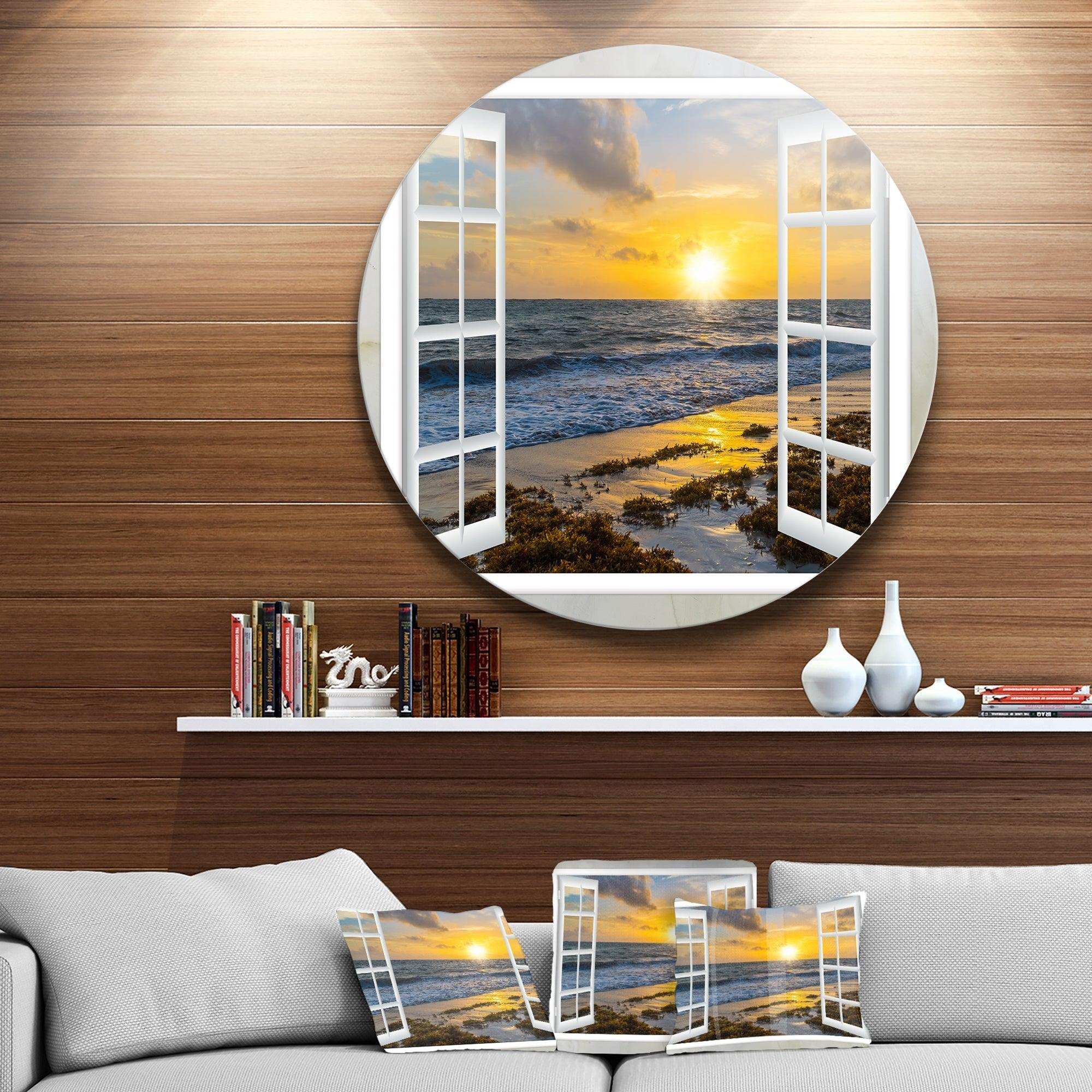 Open Window to Bright Yellow Sunset - Sea & Shore Circle Metal Wall Decor