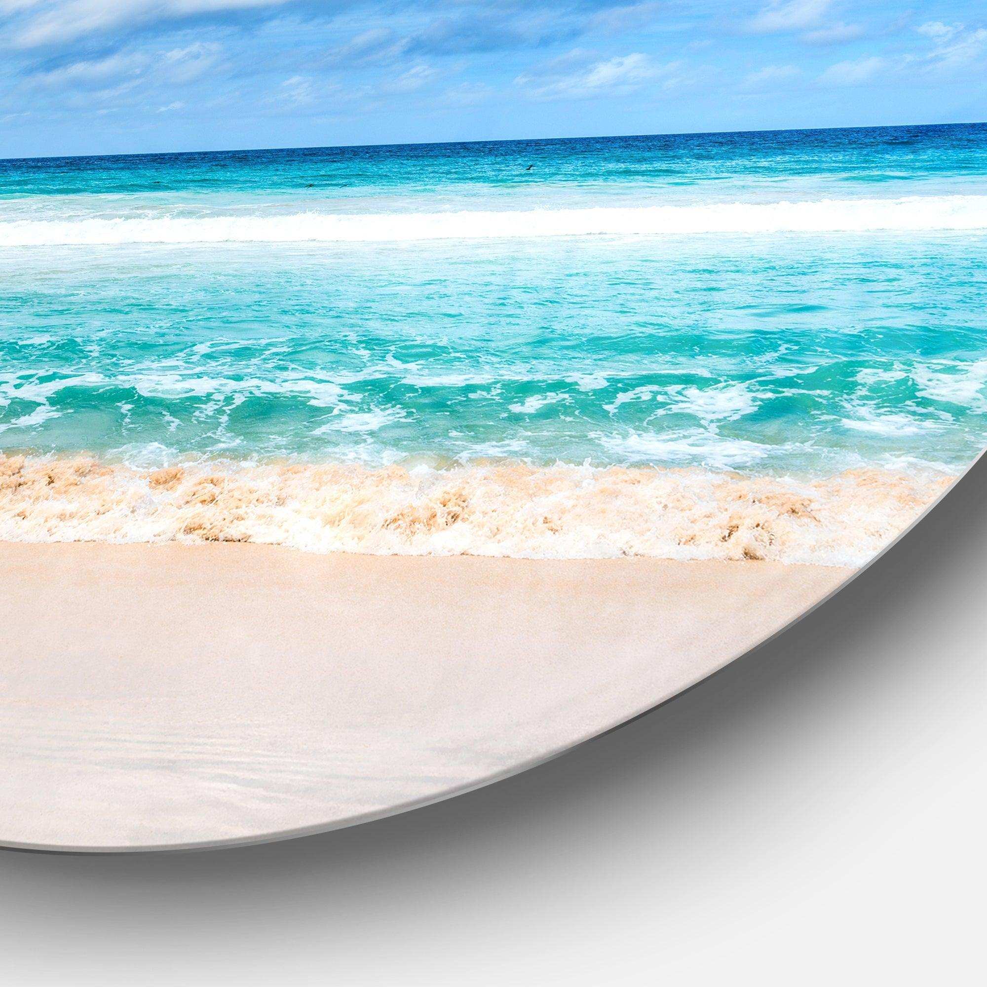 Tranquil Beach under White Clouds - Sea & Shore Circle Metal Wall Decor
